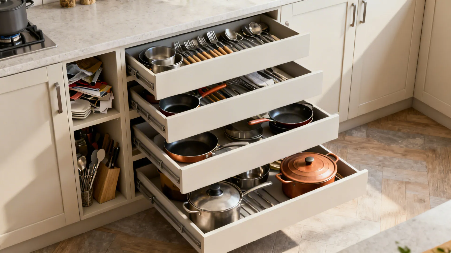 Before–after showing base cabinet doors replaced by organized drawer stacks and a smart corner.