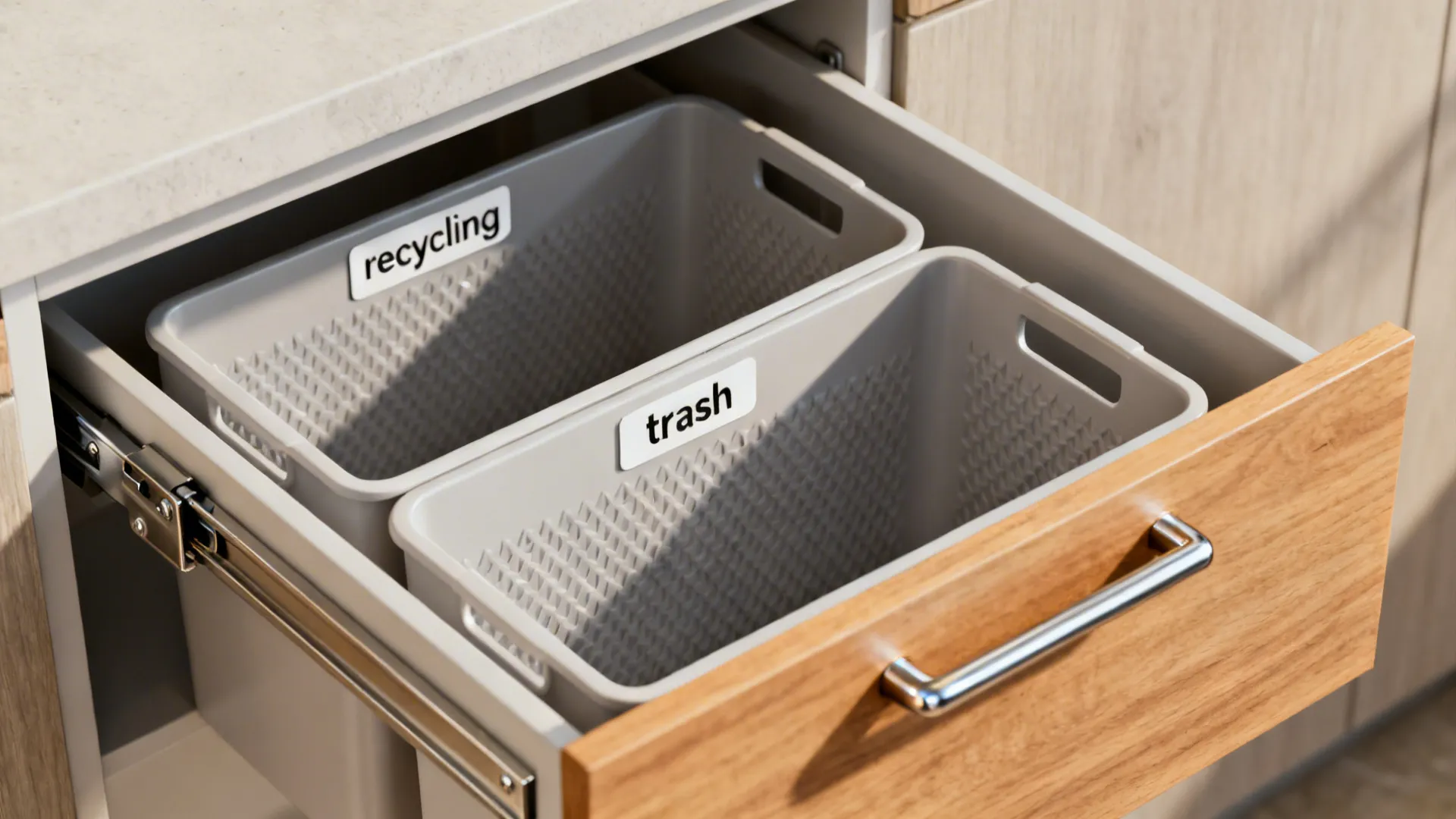 Macro of dual bins in a deep kitchen drawer with soft-close hardware and labels.