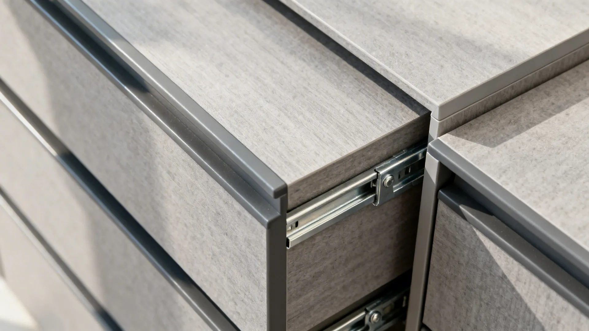Macro of soft-close drawer channel and matte laminate drawer fronts with clean ABS edges.