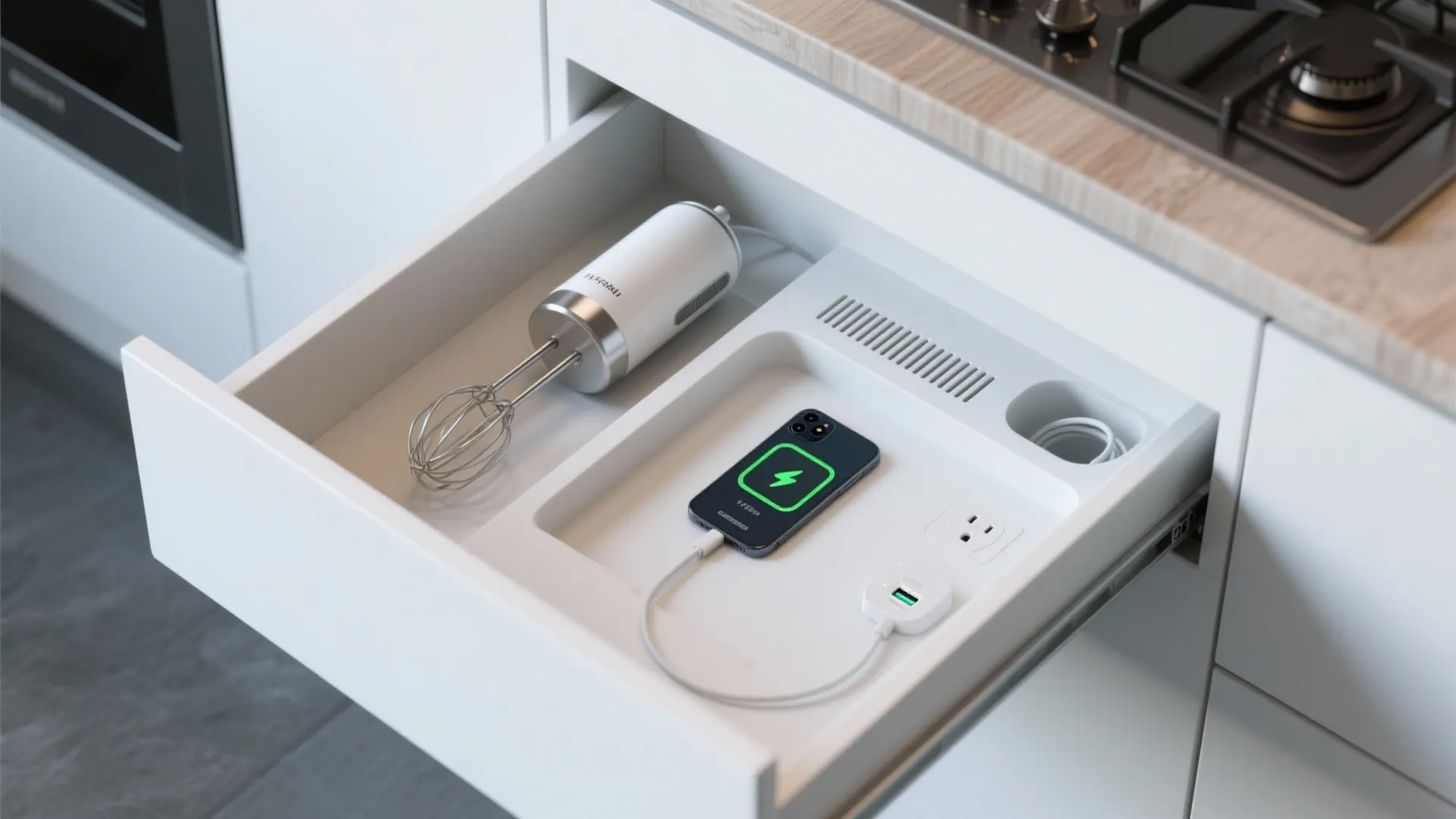 Open white kitchen drawer with a smartphone charging next to a mixer and power outlet