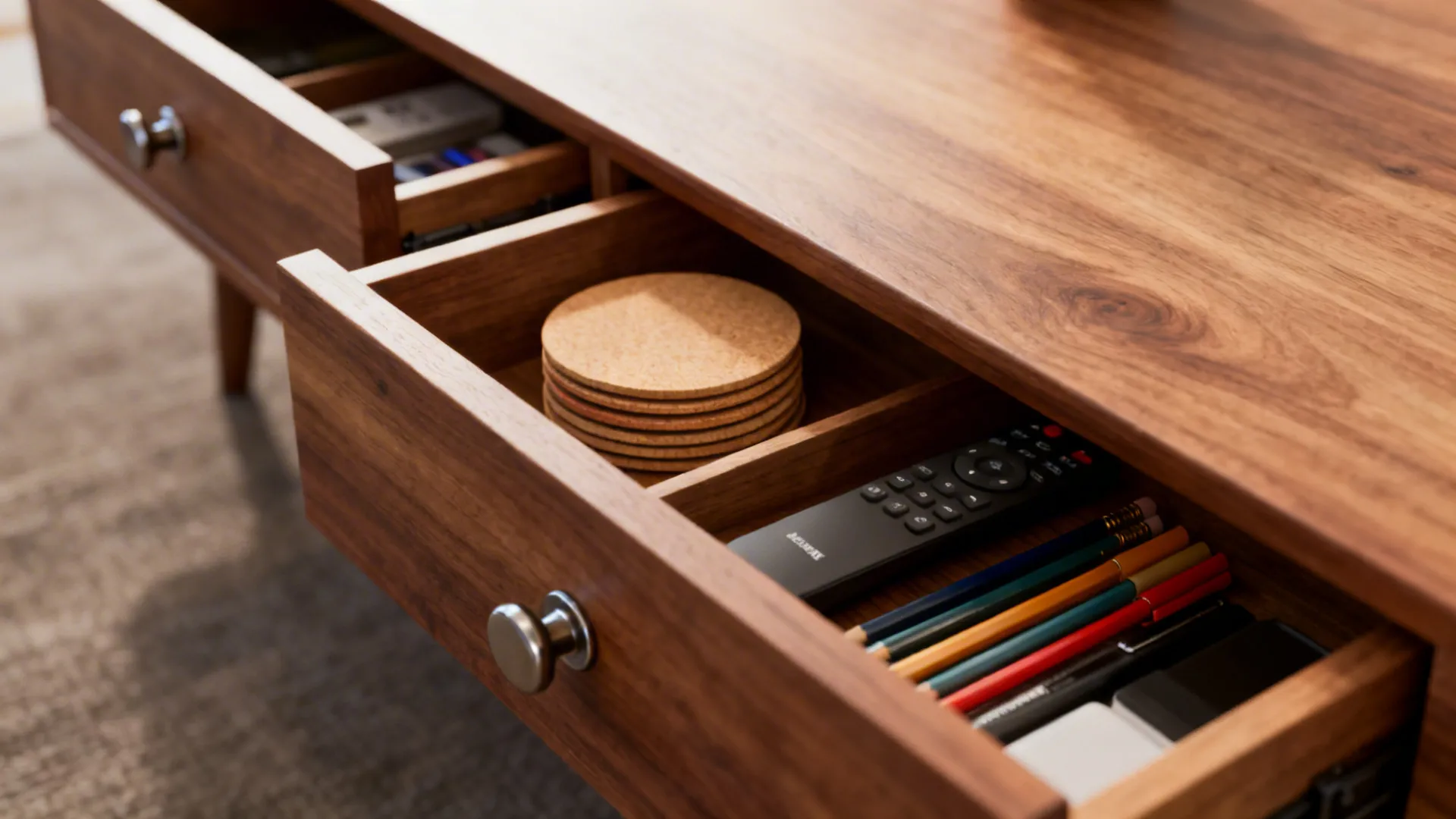 Close-up of a coffee table drawer opened to show organized compartments for remotes and coasters