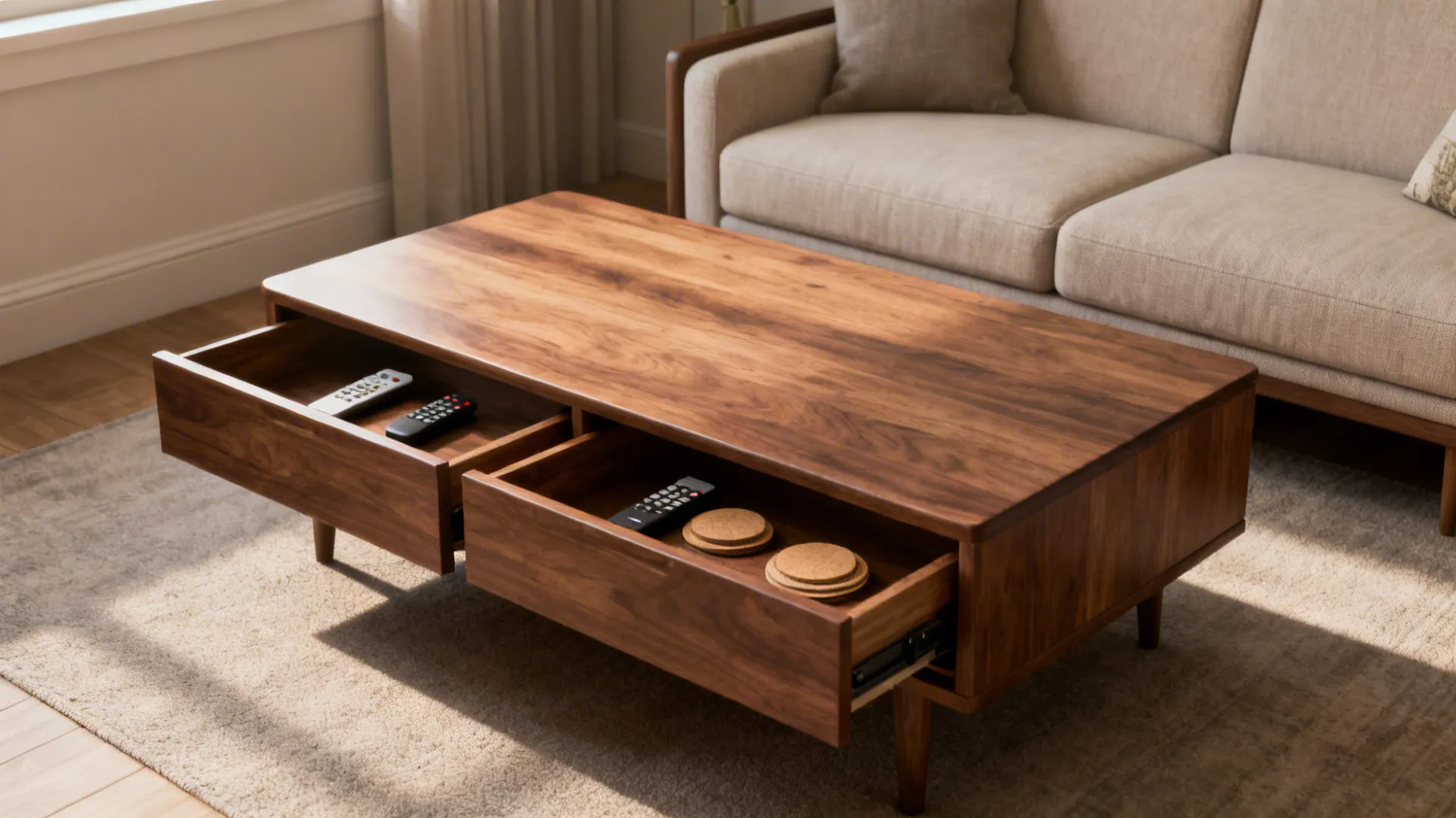 Wooden coffee table with two open drawers holding remote controls and coasters in a home