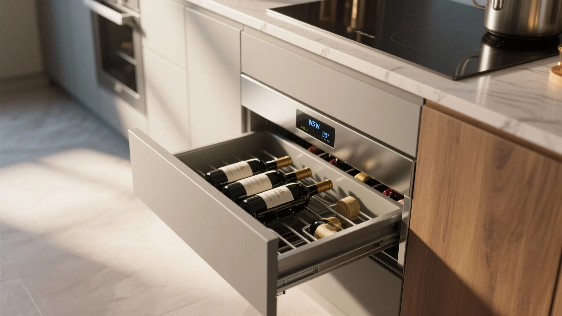 Modern kitchen drawer wine cooler with digital display and glass bottles under white marble countertop
