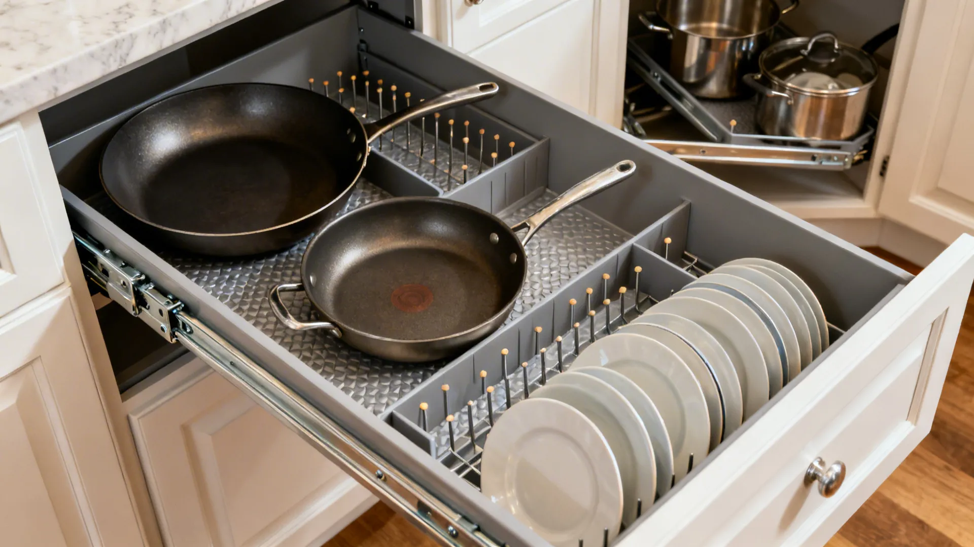 Close-up of deep drawer with dividers and a LeMans corner tray extending from a base cabinet.