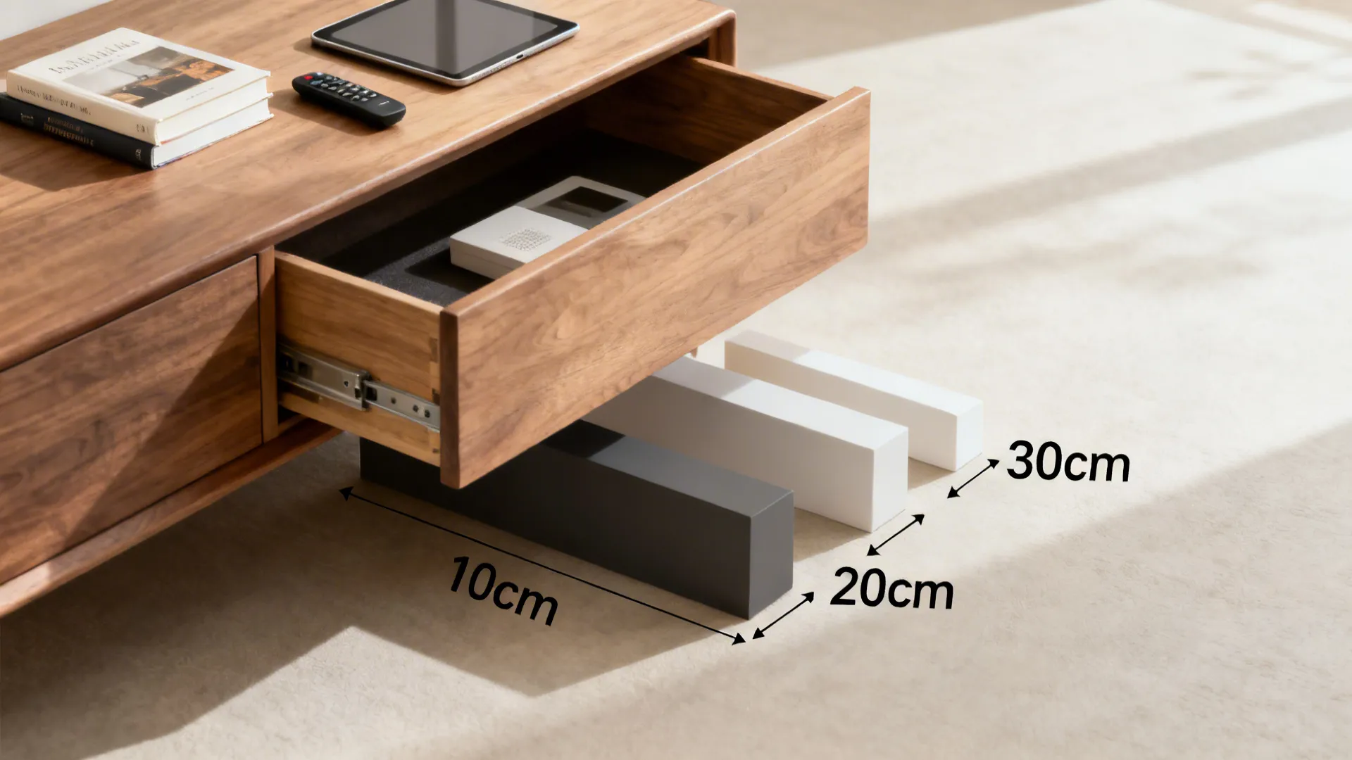 Samples showing side table drawer depths labeled with common items to illustrate storage capacity