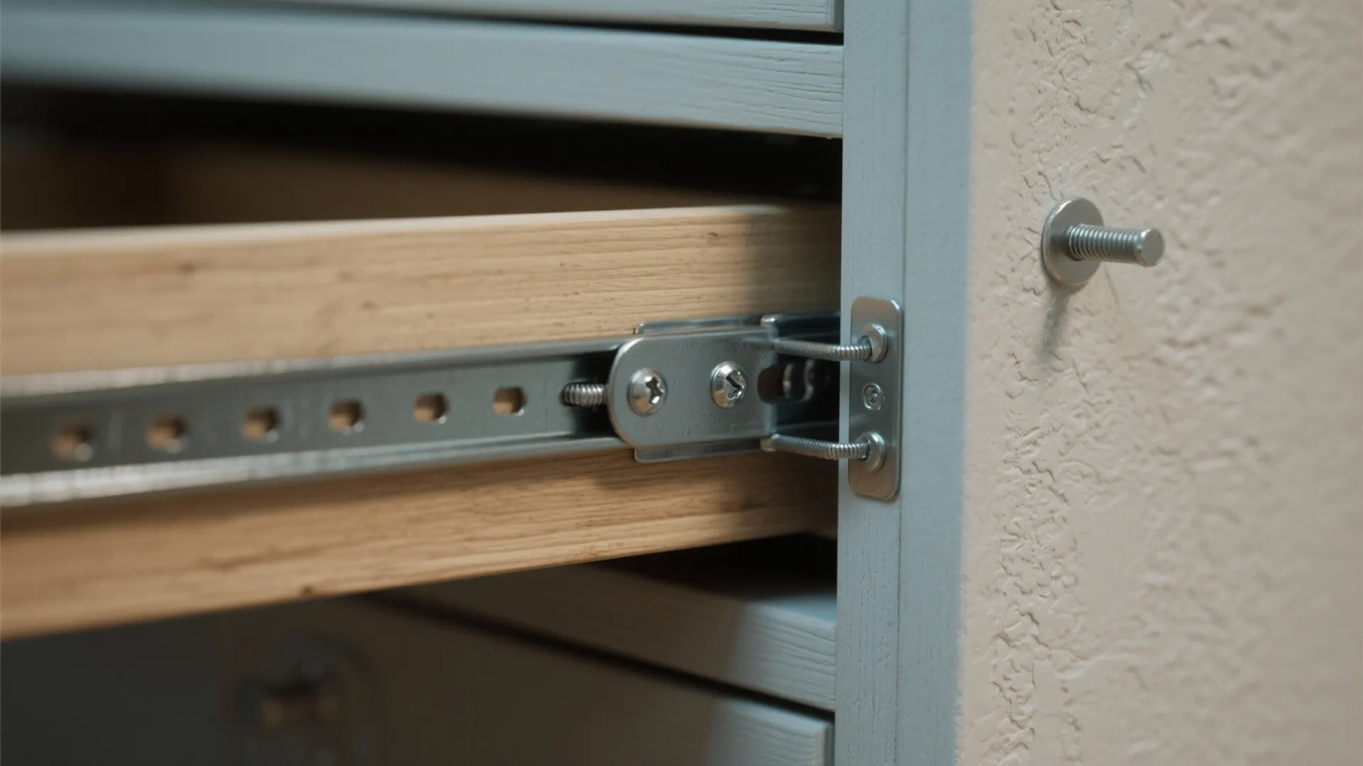 Metal sliding track detail installed on a wooden drawer side within a light blue furniture piece