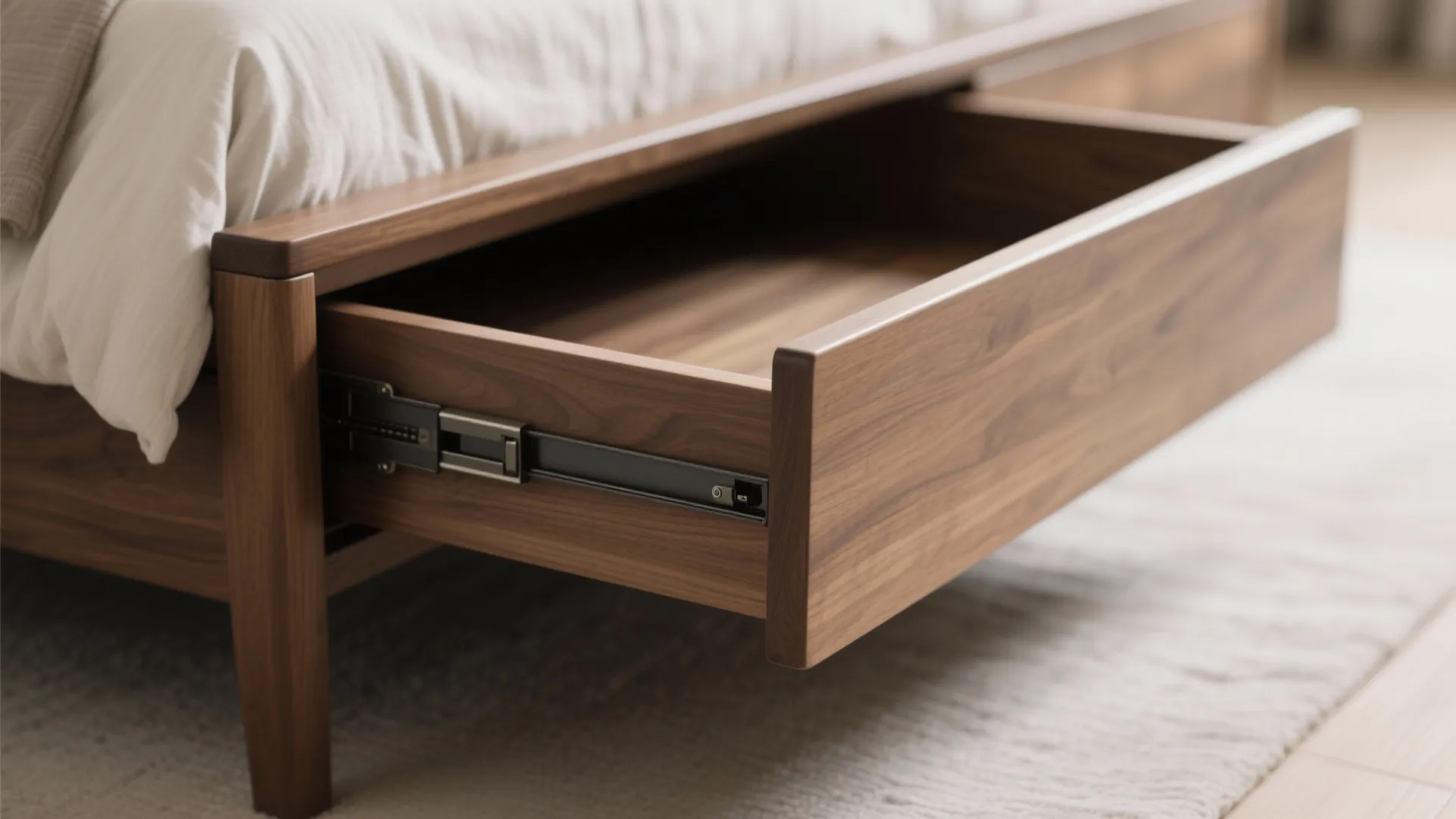 Close-up of a queen bed drawer with full-extension slides and matte oak finish.
