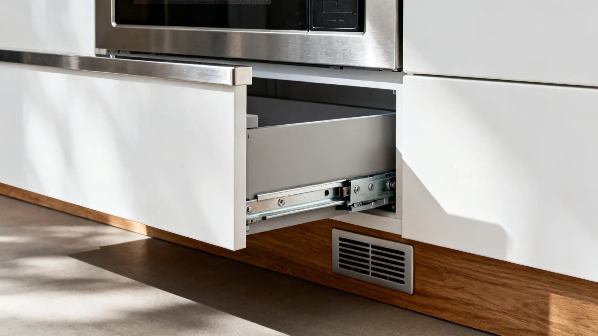 Close-up of a microwave drawer with soft-close rails and toe-kick vent.