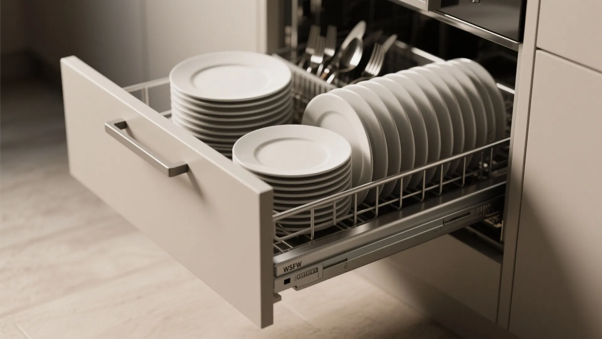 Open drawer dishwasher pulled out from a cabinet showing many stacked white plates and silverware