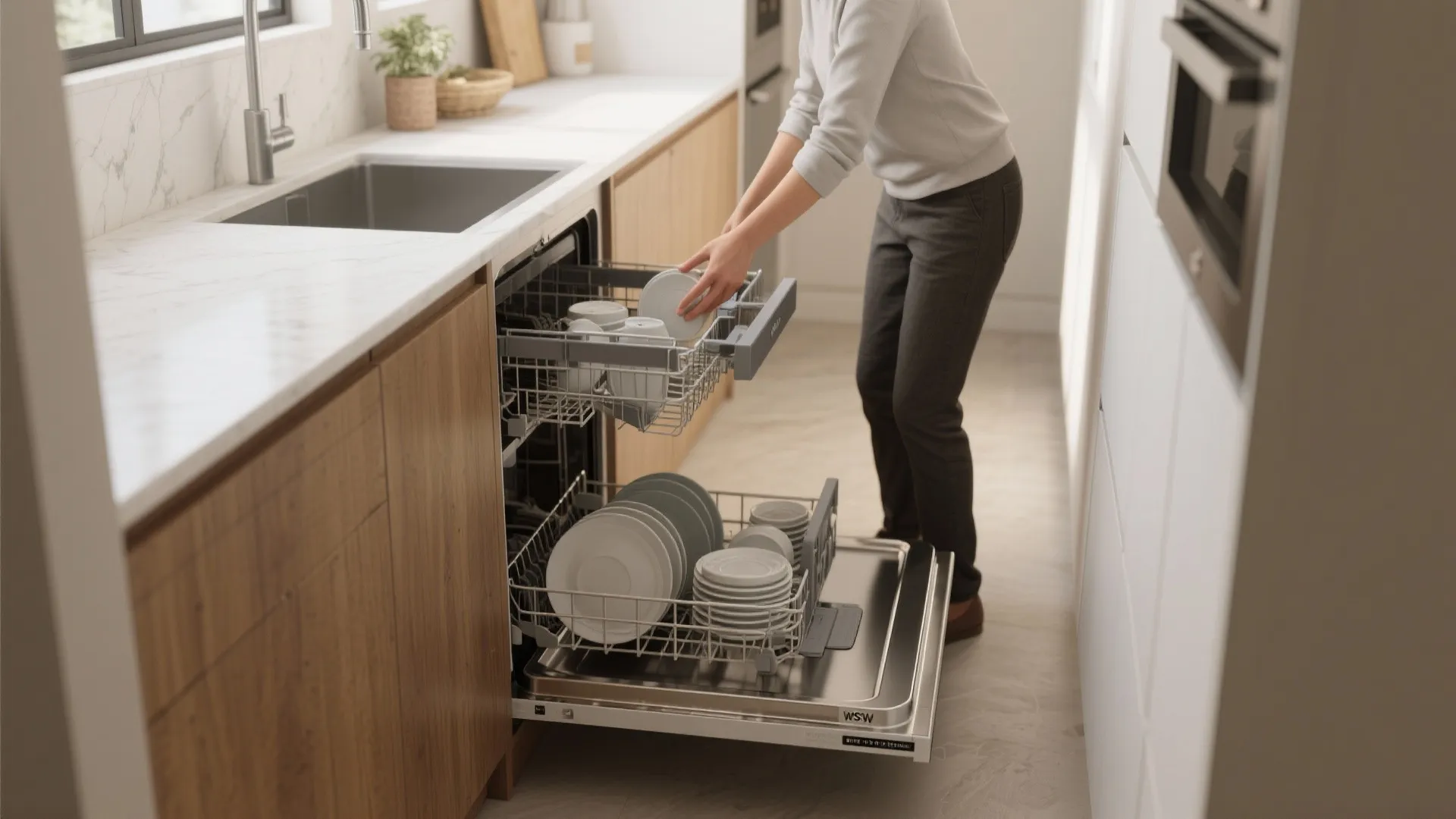 Person loading white plates into an open dishwasher in a modern kitchen with wood cabinets