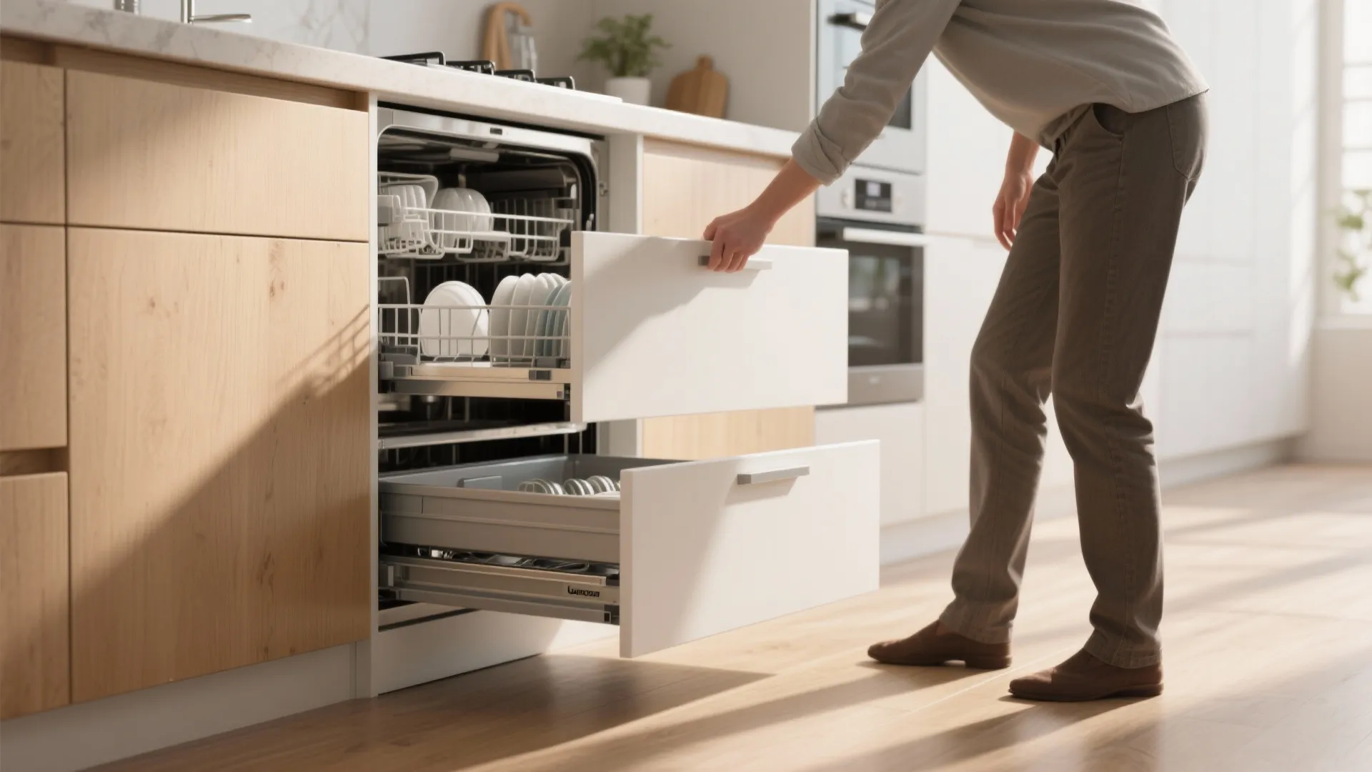 Modern kitchen with a person opening a double drawer dishwasher integrated into light wood cabinets