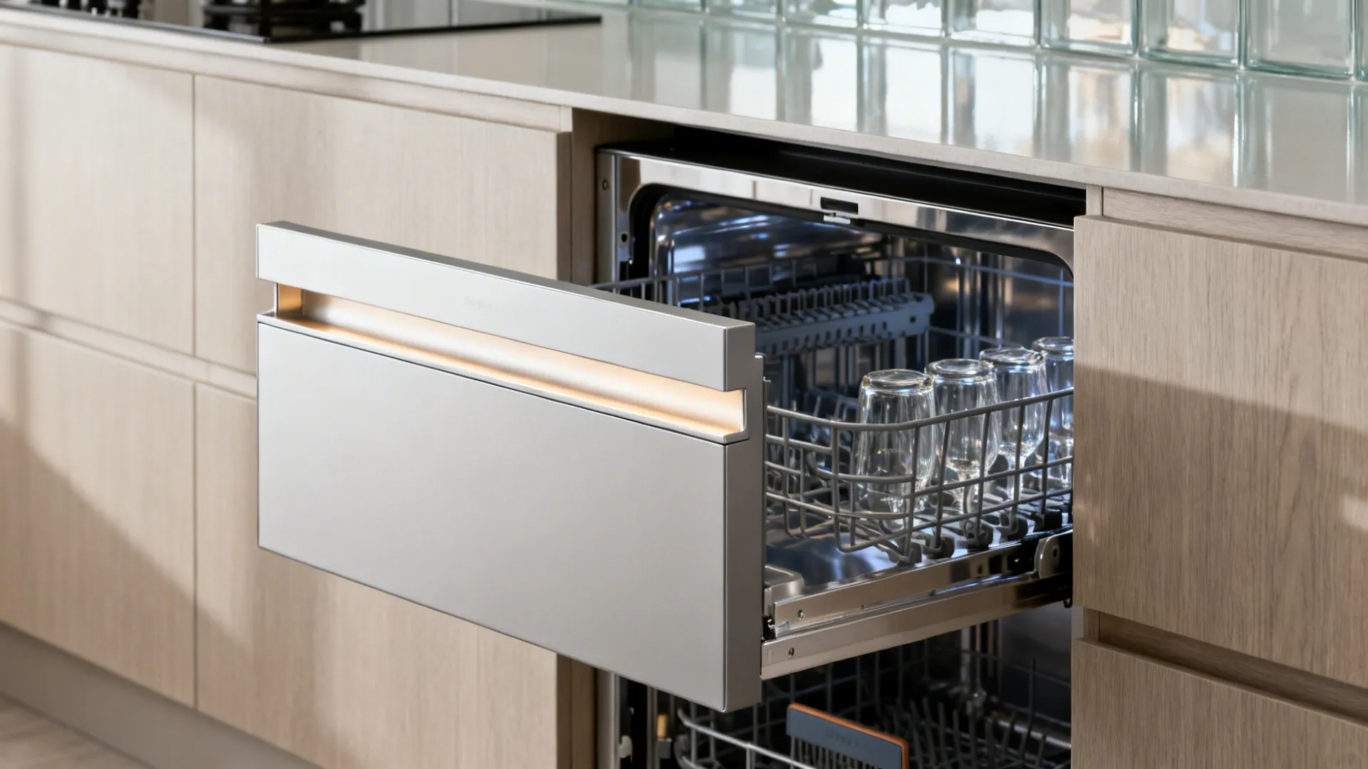 Open drawer dishwasher with clean glass cups inside built into light wood kitchen cabinet storage
