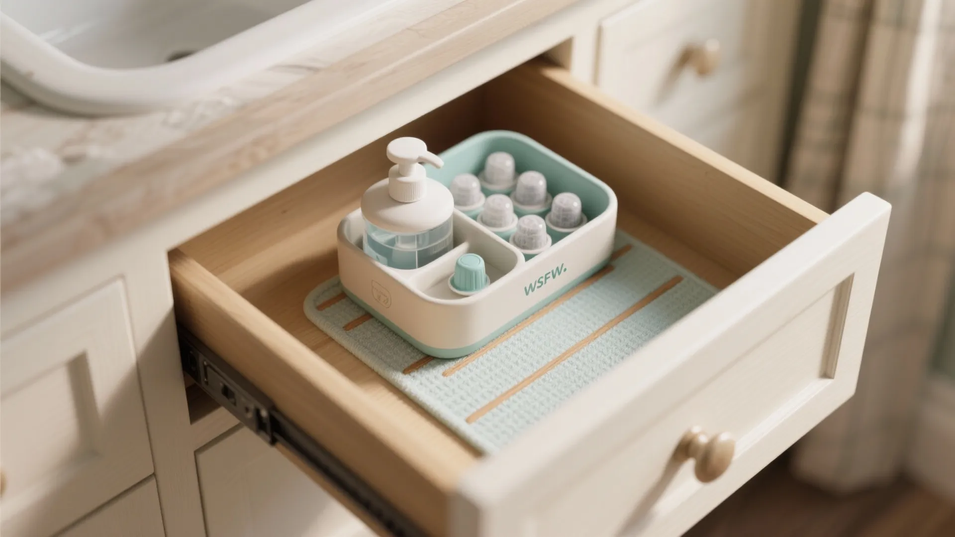 Open wooden drawer containing a soap bottle and small laundry pods in a white plastic organizer
