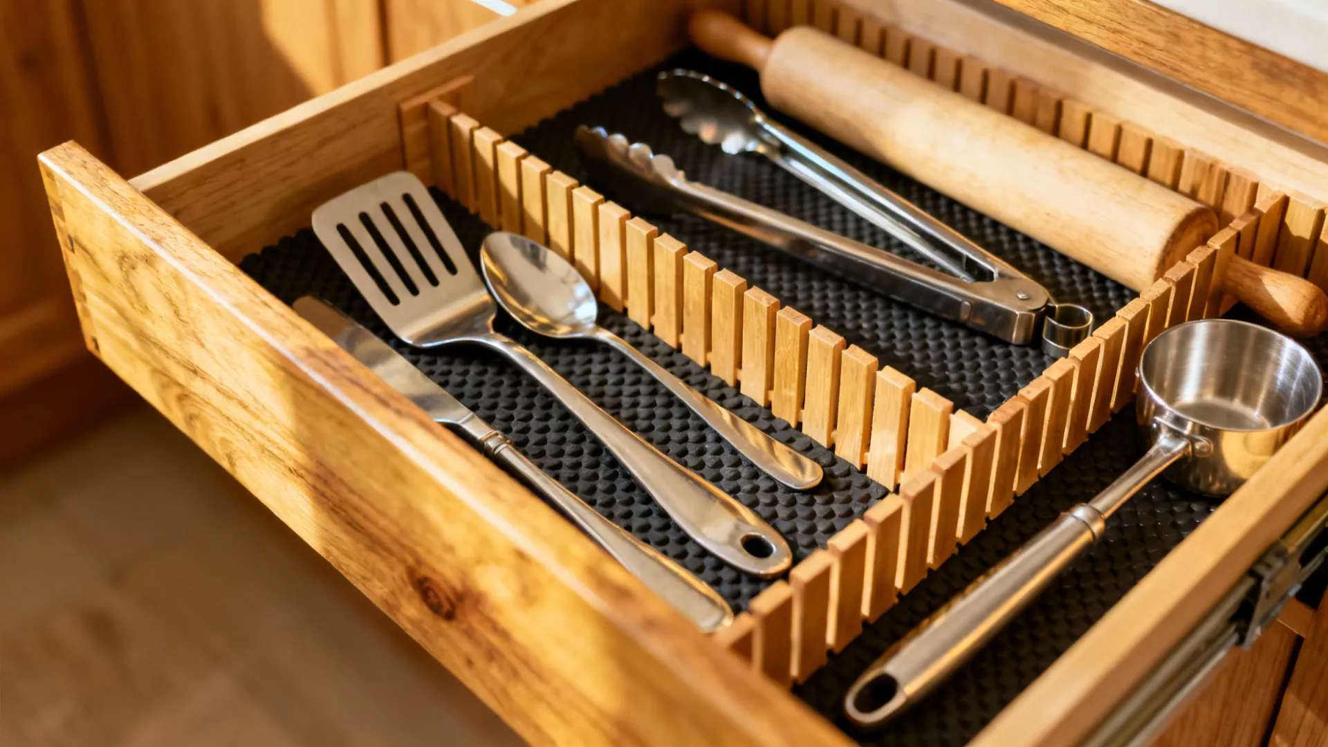 Wooden kitchen drawer with organizer dividers holding metal spoons tongs spatula and a rolling pin