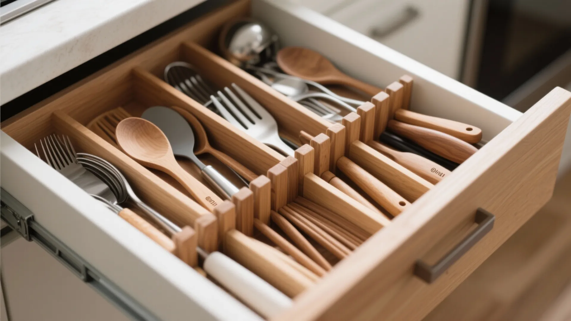 Open kitchen drawer with wooden dividers holding various metal and wooden spoons, forks, and chopsticks.