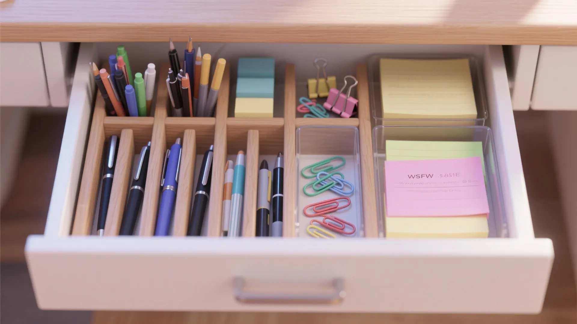 Open white desk drawer with wooden dividers for pens paper clips and sticky note pads