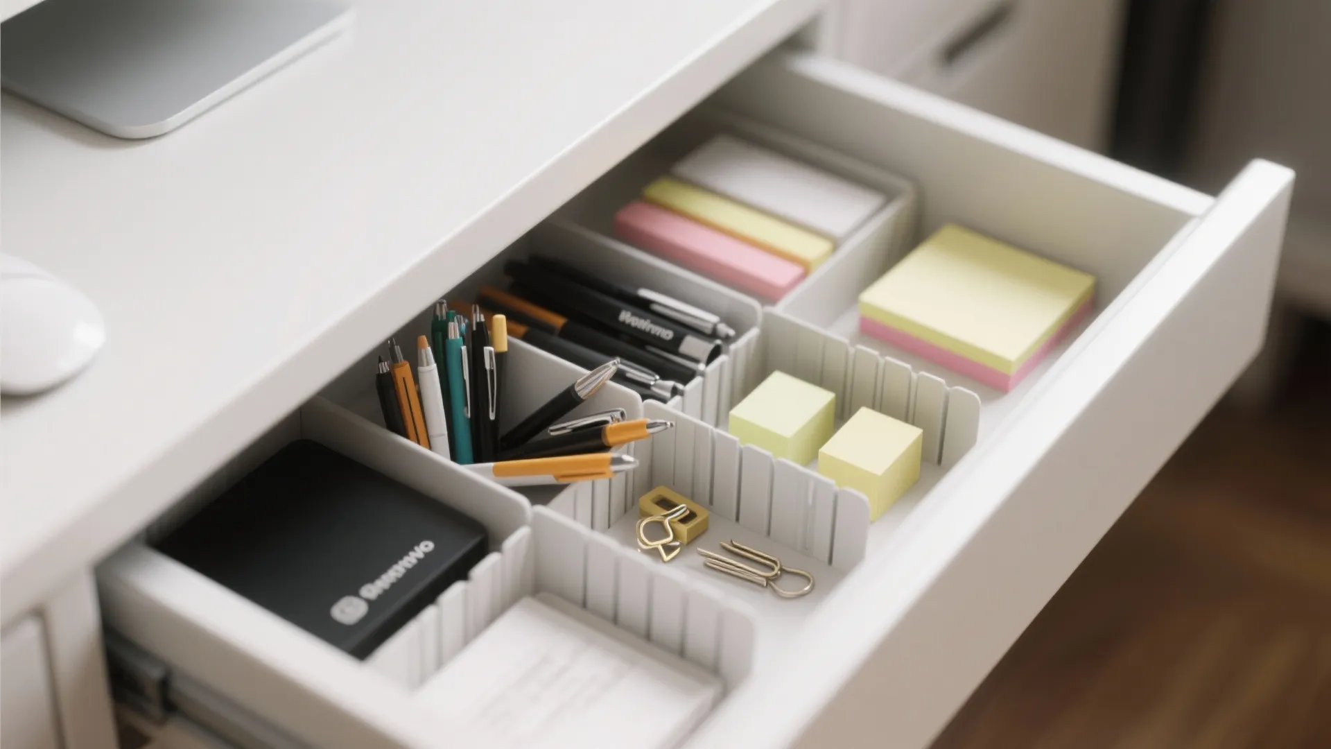White desk drawer with plastic dividers organizing many pens sticky notes and small office supplies