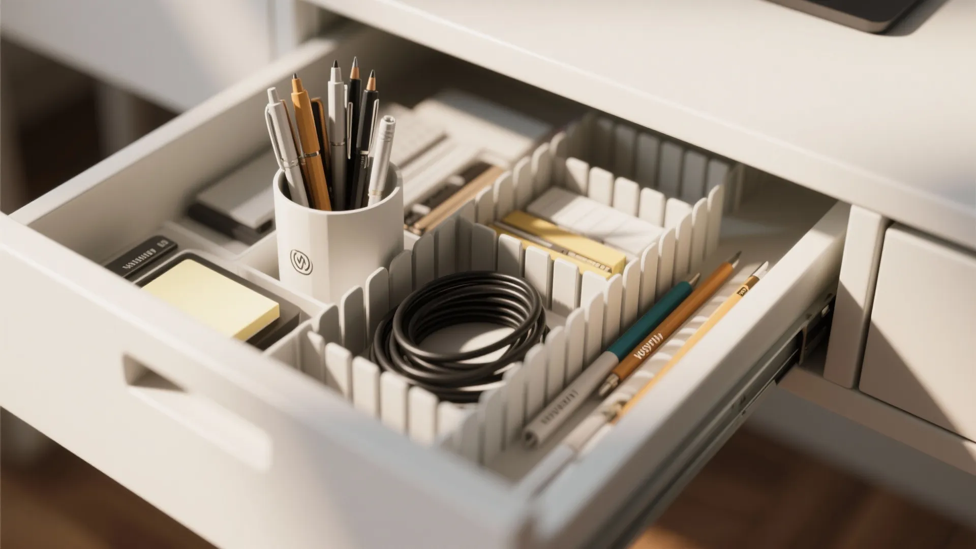 White desk drawer with plastic dividers organizing pens pencils black cables and small office supplies