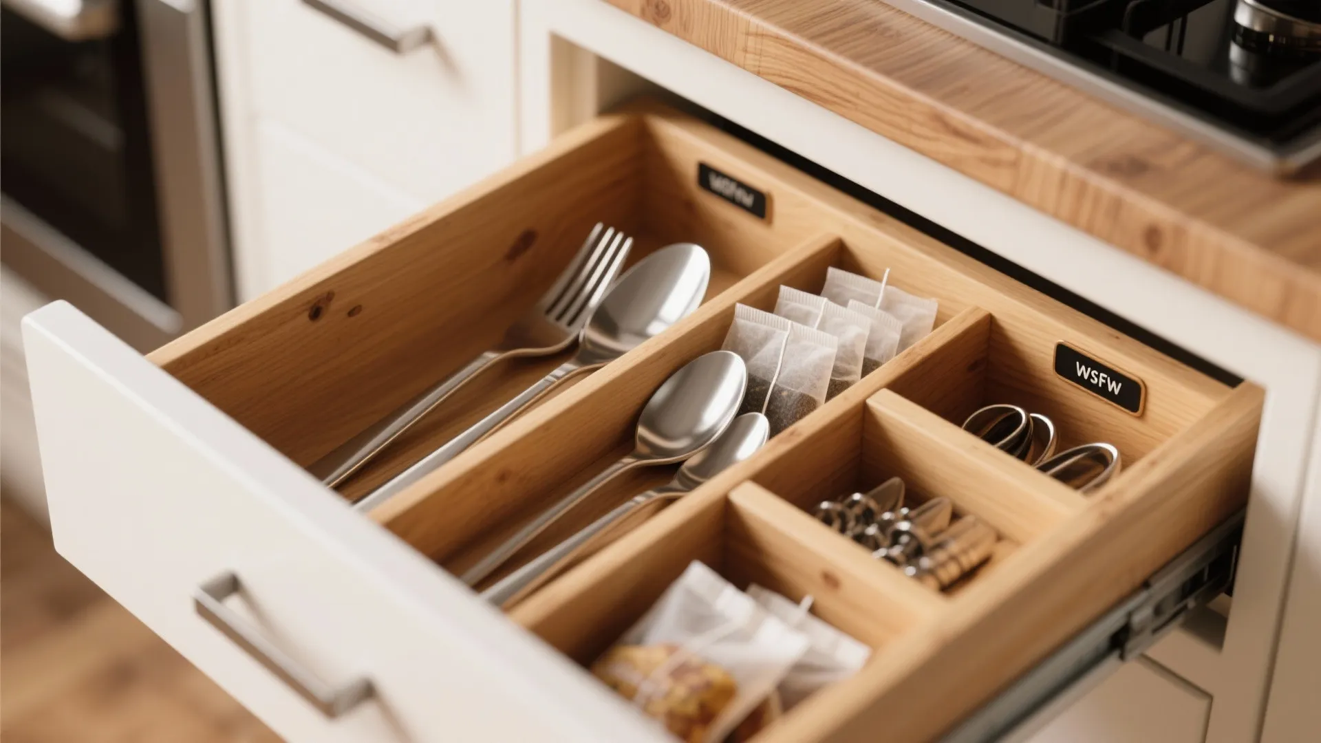 Open wooden kitchen drawer with dividers holding silver spoons forks and small labeled packets for storage