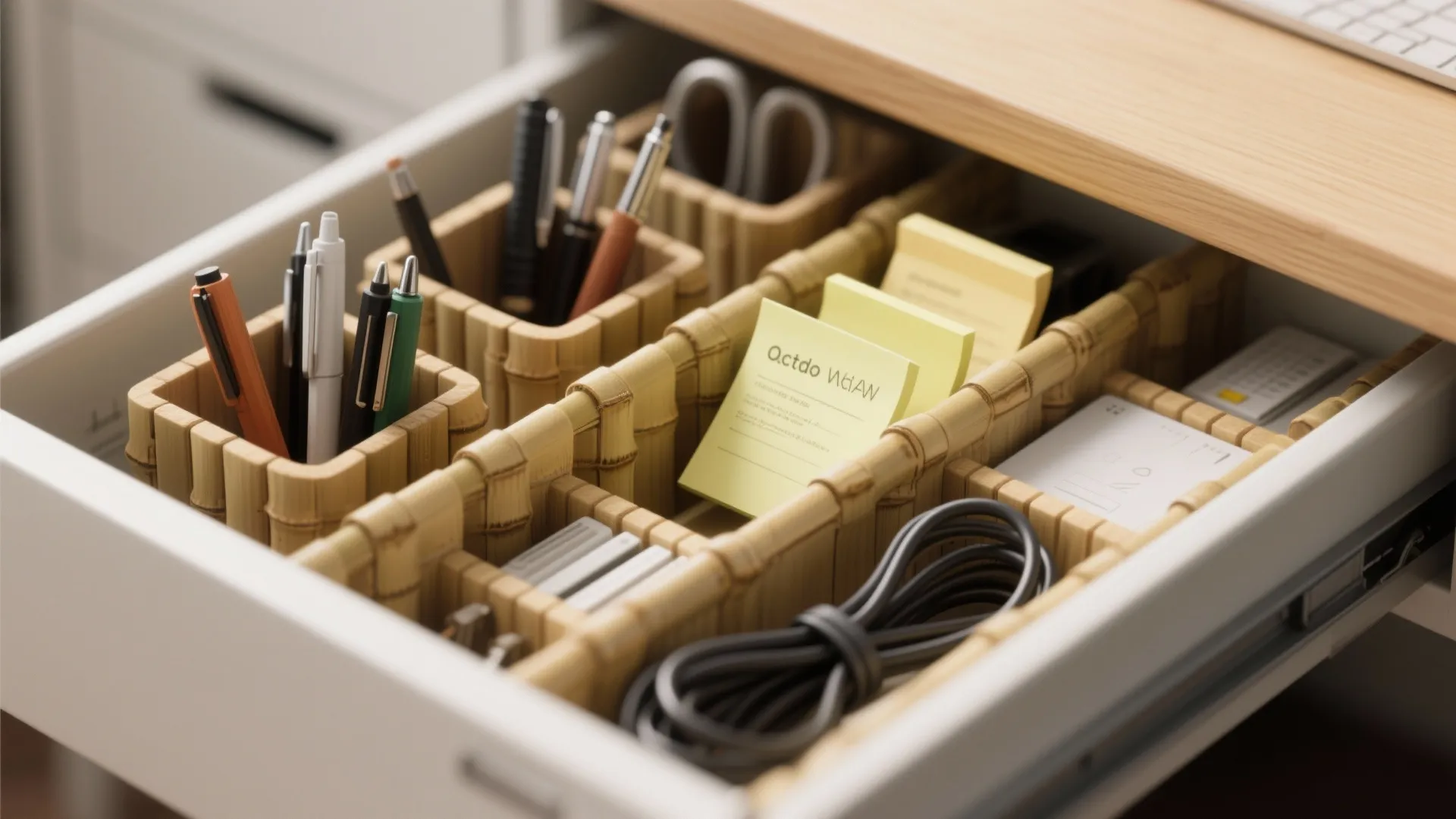 Bamboo drawer dividers neatly organizing office supplies