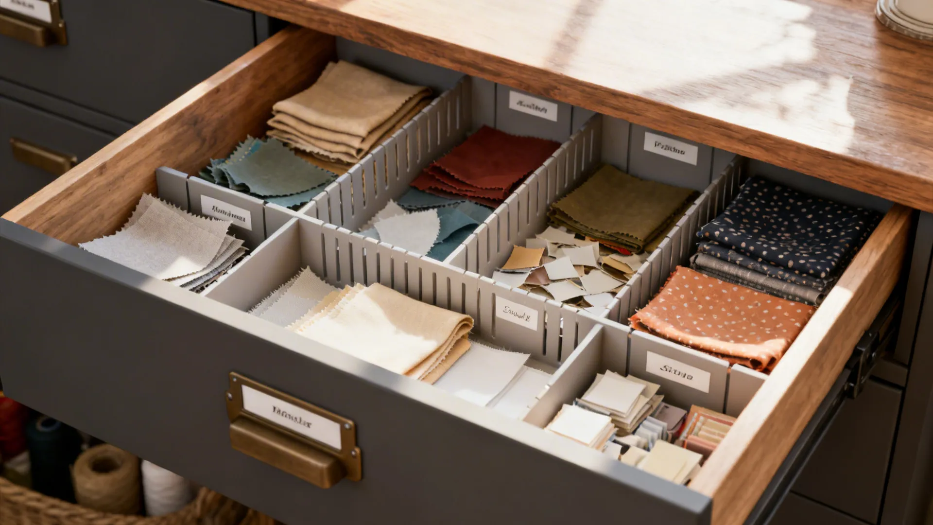 Shallow drawers with adjustable dividers holding sorted fabric scraps and notions.