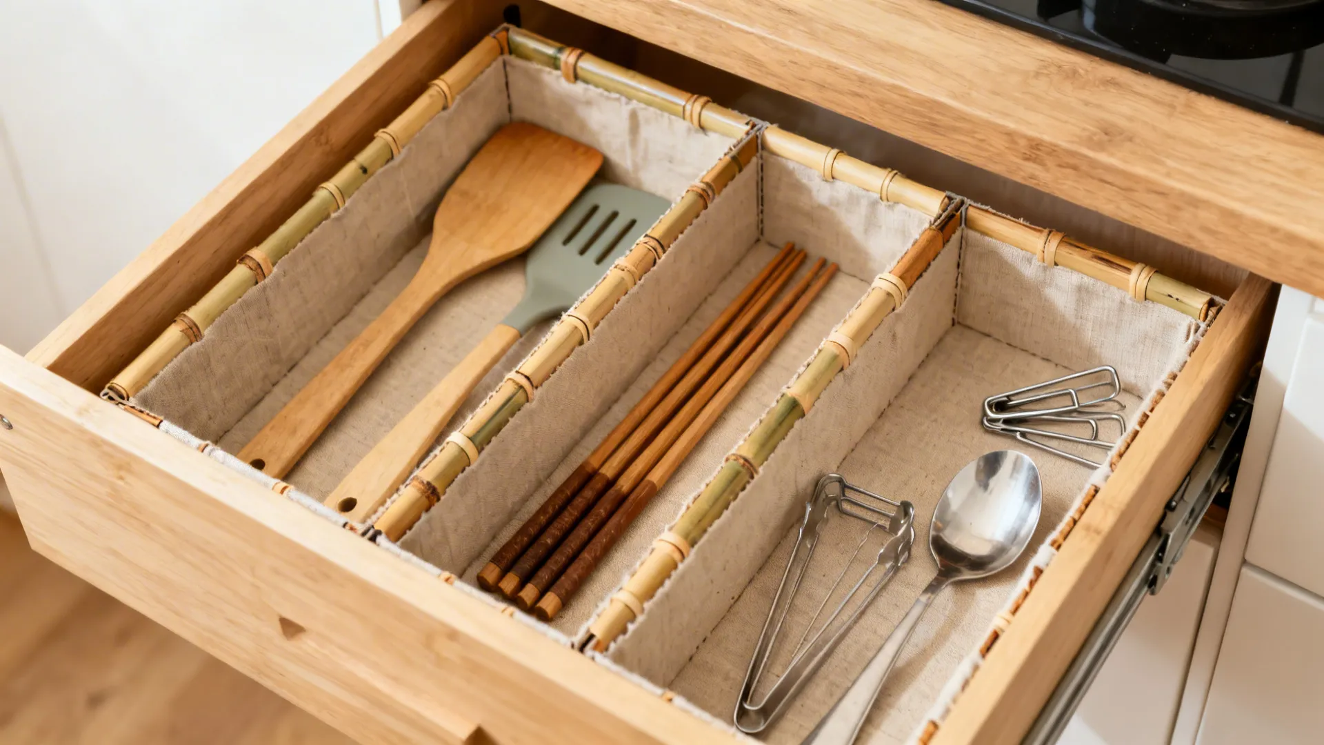 Open drawer with repurposed shoe-box and bamboo dividers creating tidy utensil lanes.
