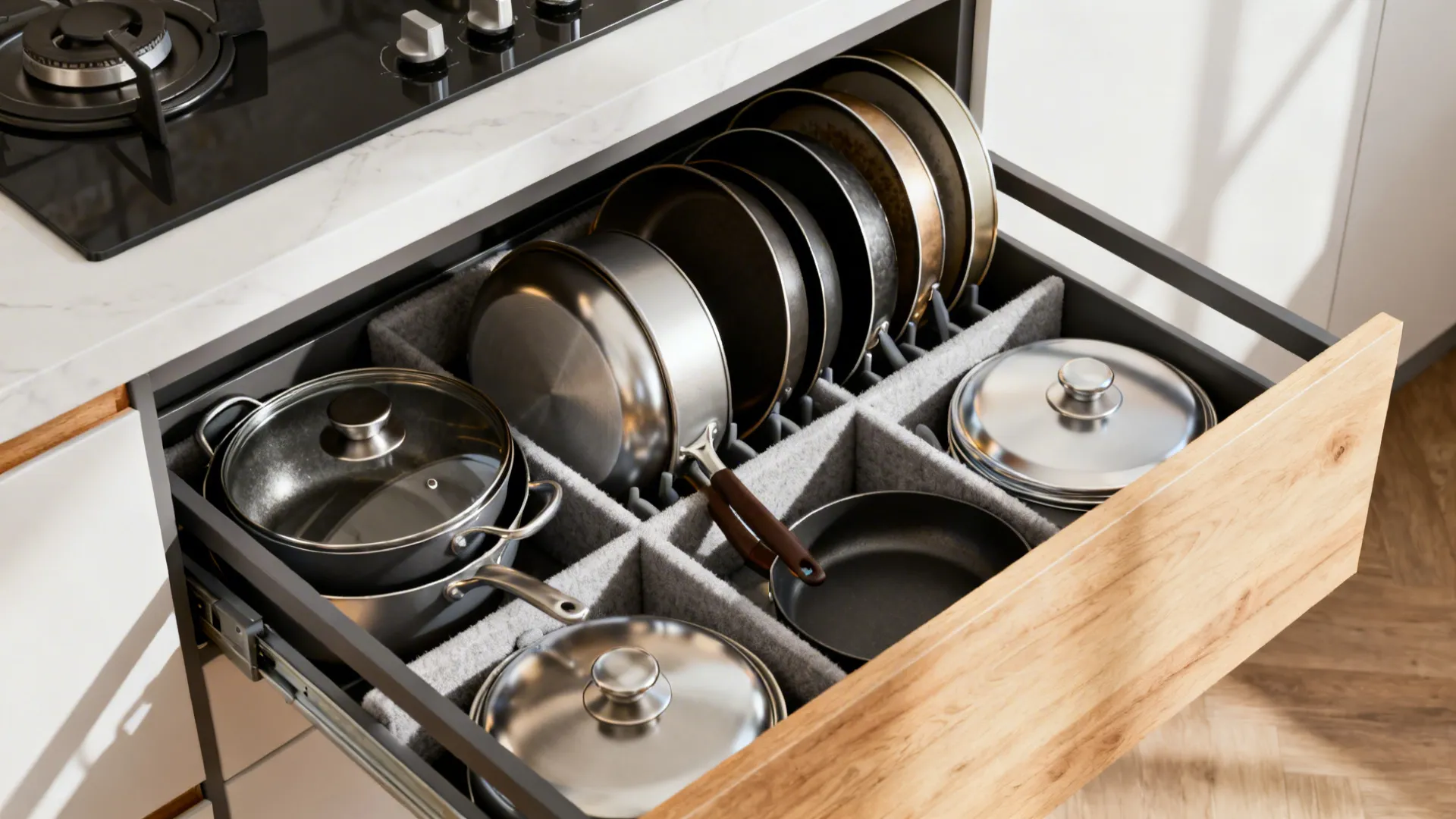 Deep kitchen drawers with adjustable dividers organizing pans and lids neatly.