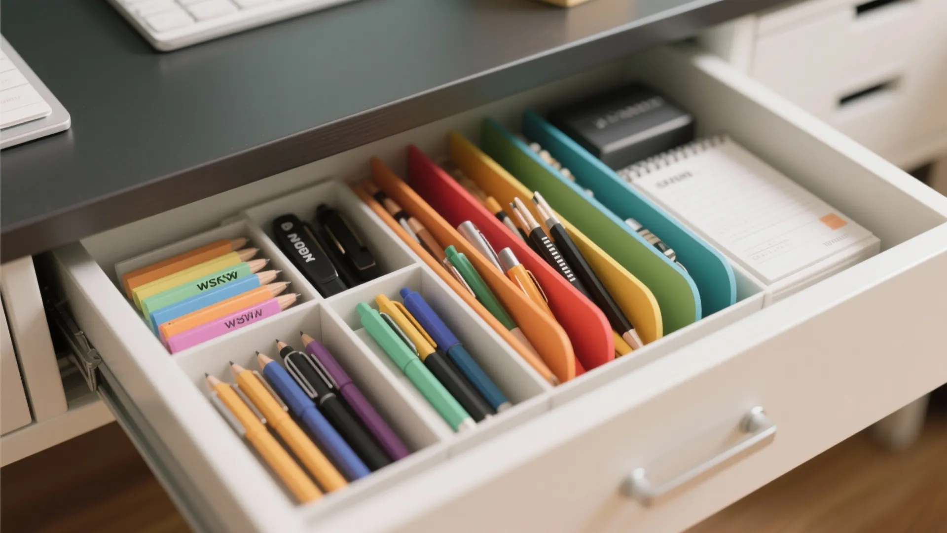 Close up view of an open desk drawer with colorful dividers holding pens and stationery