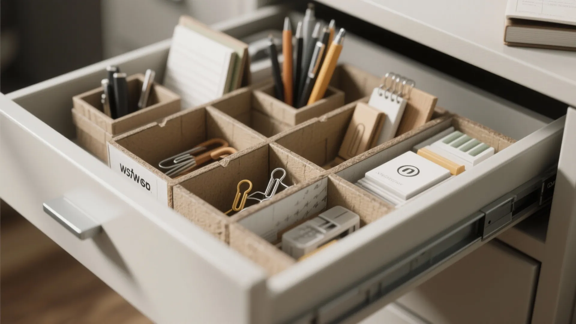 Open desk drawer with cardboard dividers holding pens paper clips note pads and office supplies