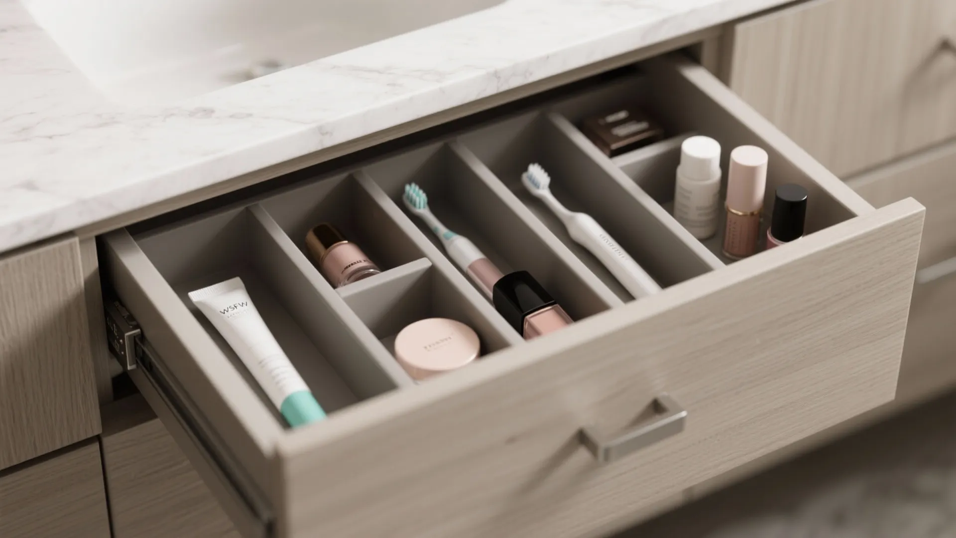 Open wooden bathroom drawer with gray dividers holding toothbrushes skincare products and makeup bottles neatly