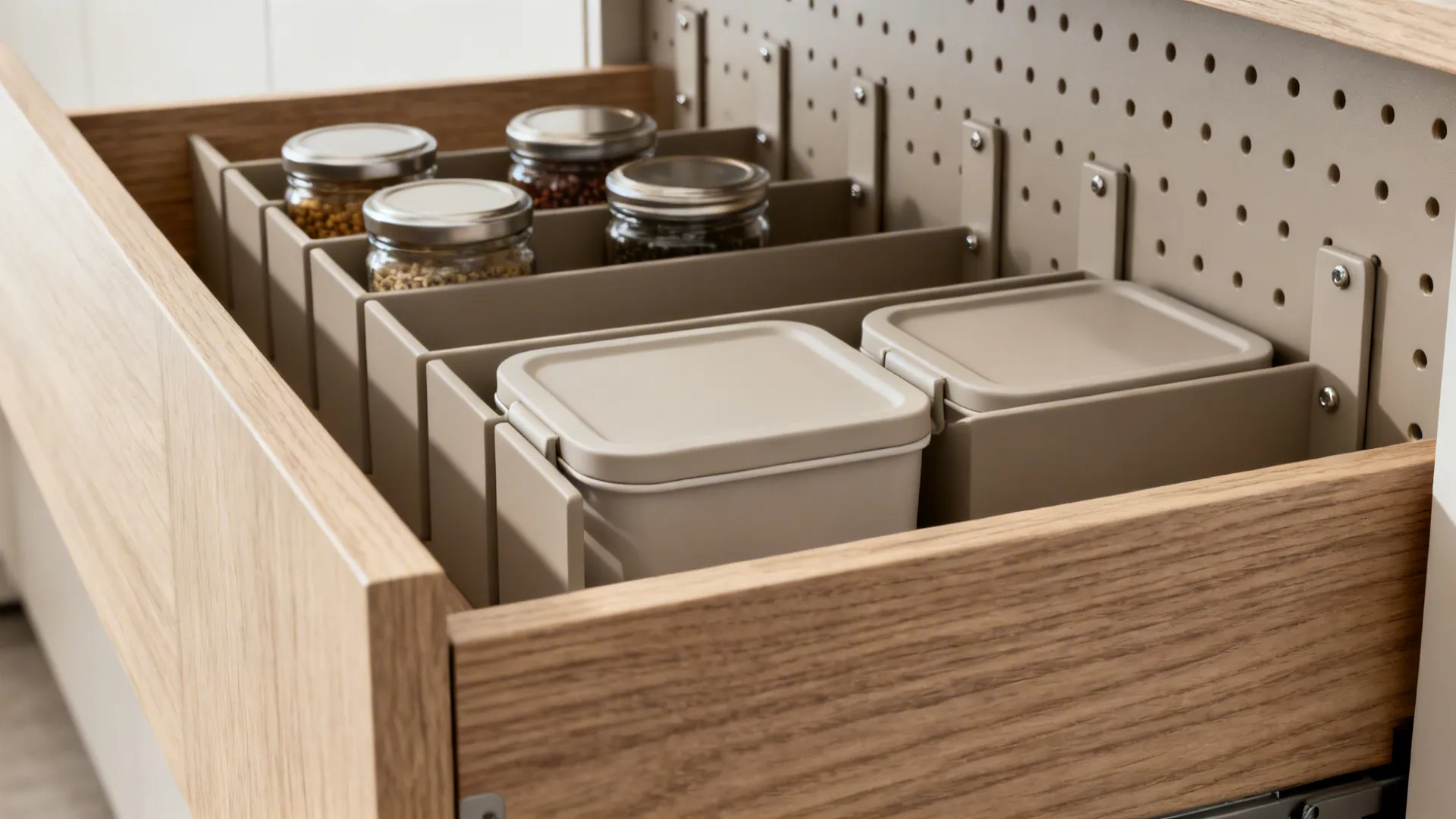 Macro of deep drawer peg and divider system holding pantry containers upright.