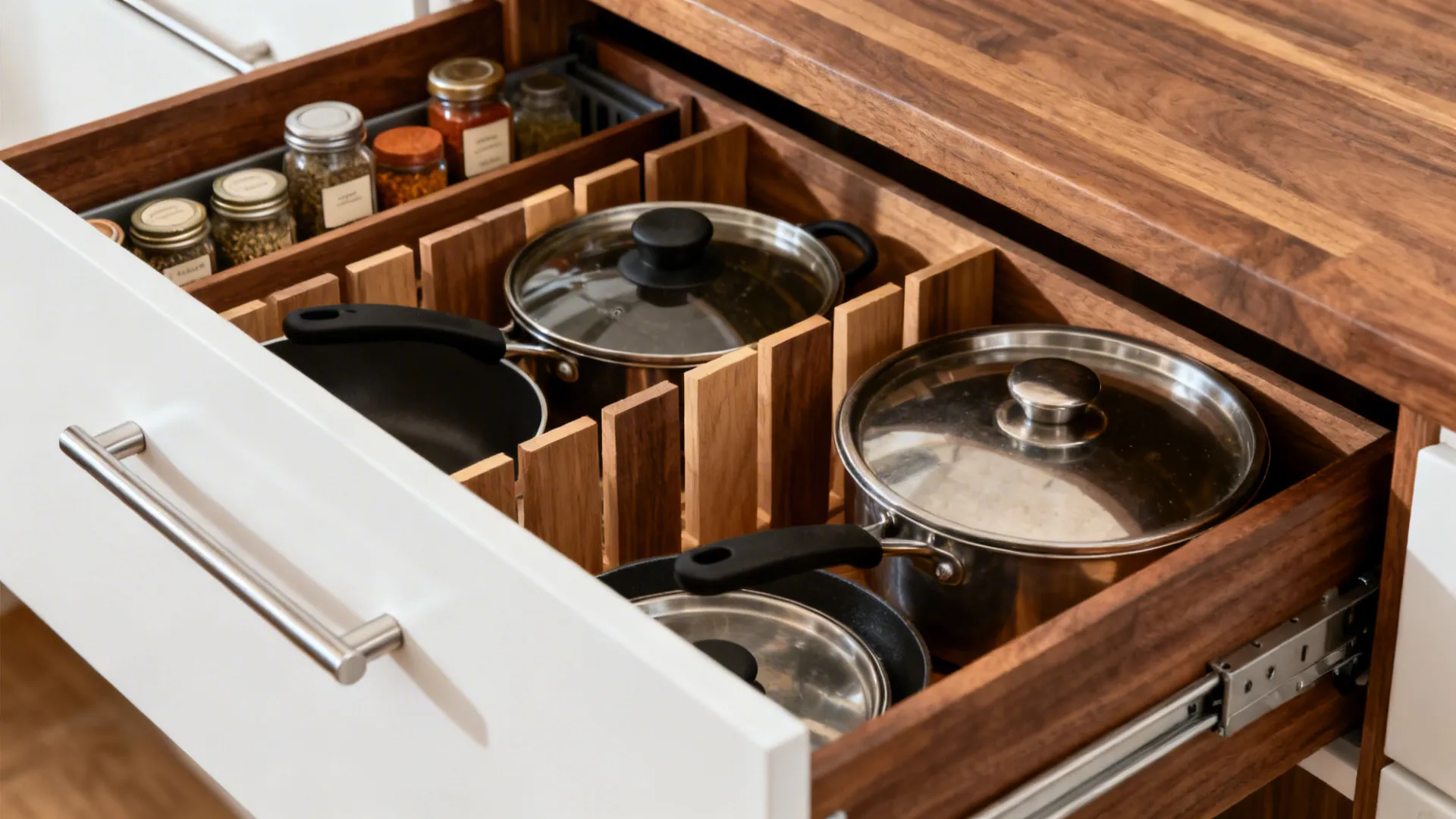 Macro of deep kitchen drawer with adjustable wood dividers and soft-close hardware organizing cookware.
