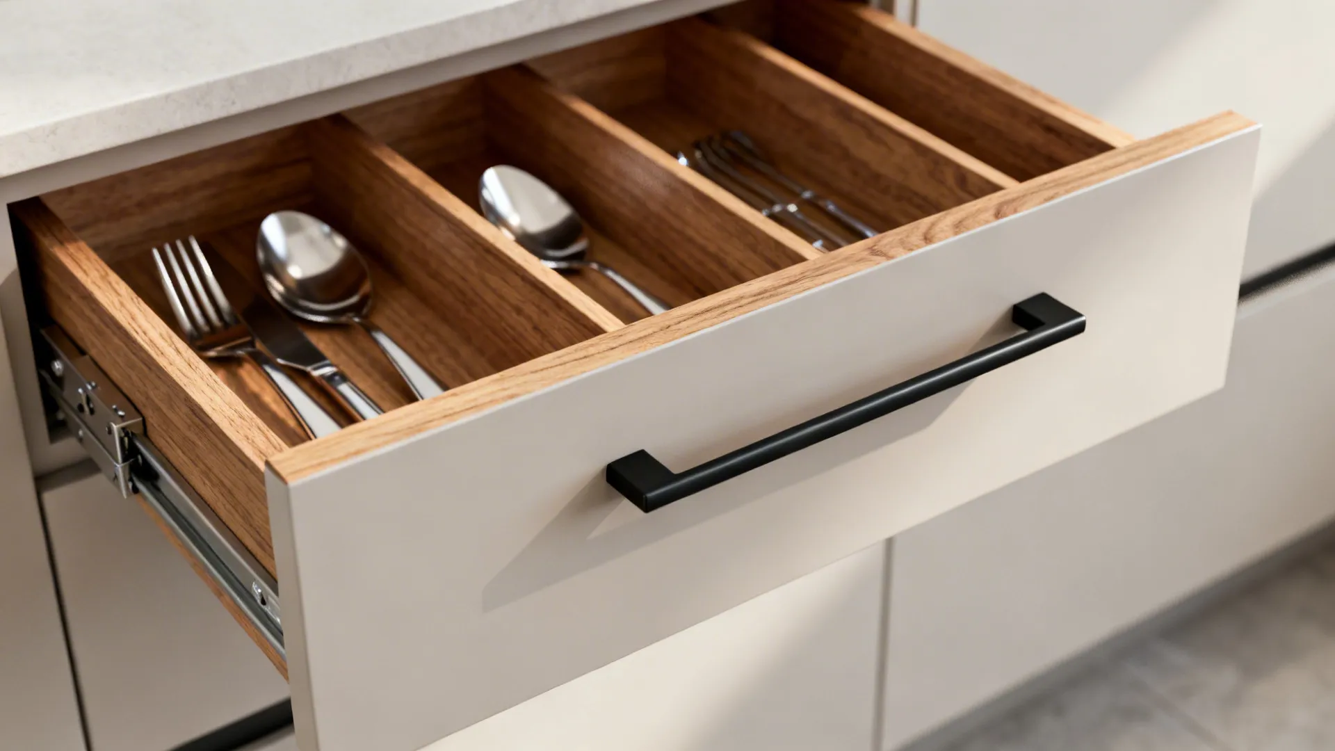 Macro of oak drawer dividers with utensils and matte black handle in a minimalist kitchen.