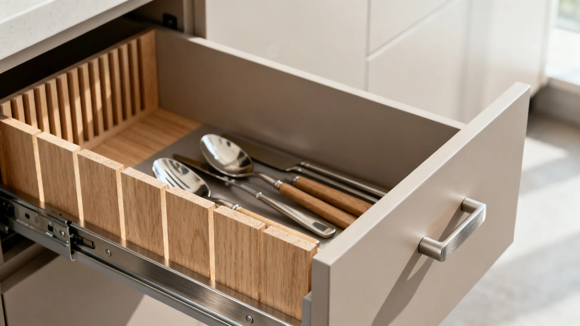 Macro of kitchen drawer dividers and vertical pan storage with matte finishes.