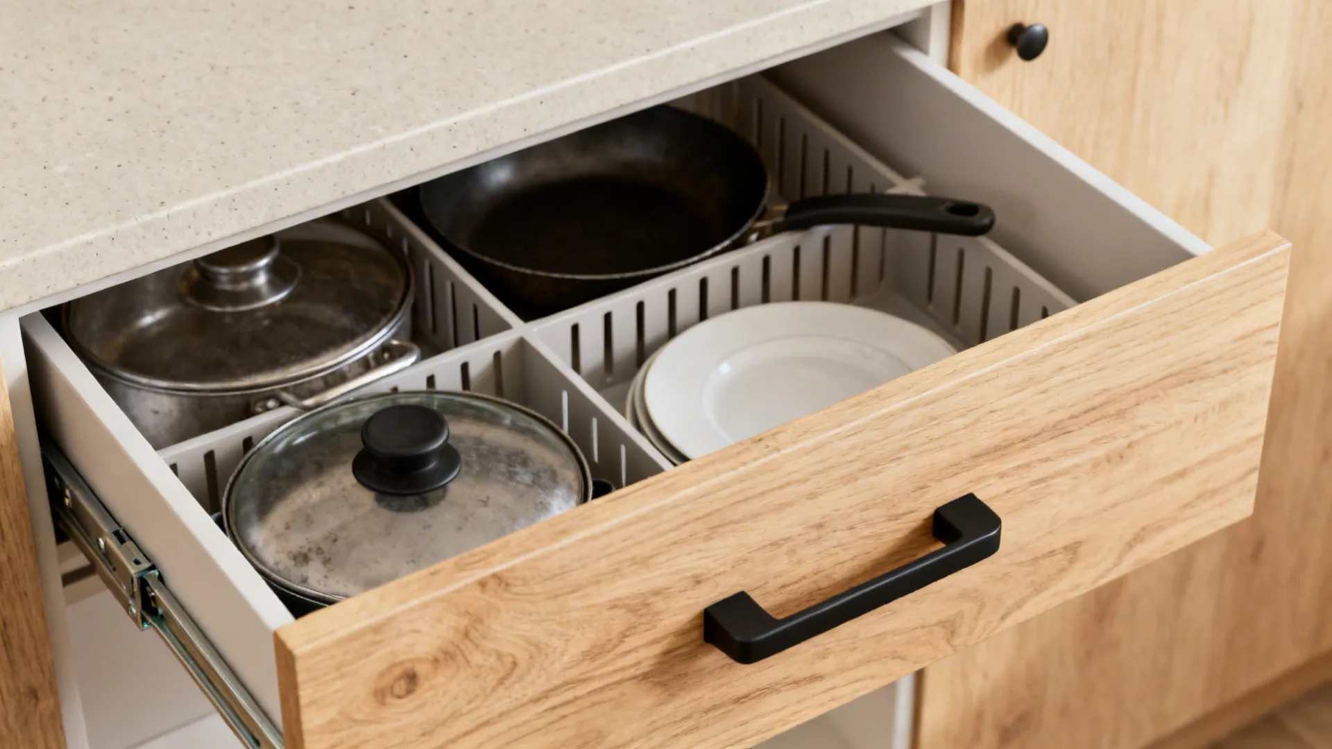 Macro view of a deep drawer with adjustable dividers and soft-close hardware in a light oak finish.