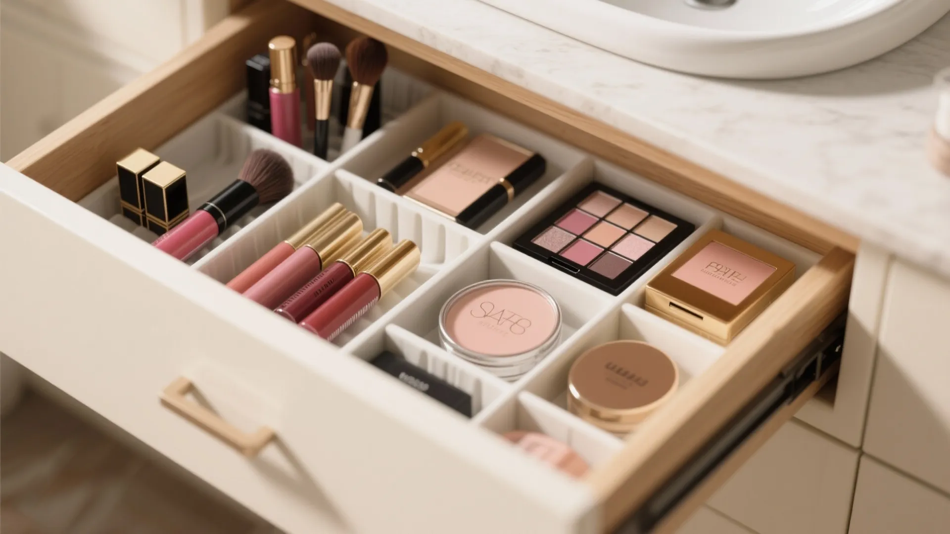 Open vanity drawer with white plastic dividers organizing lipsticks powders eyeshadow palettes and makeup brushes