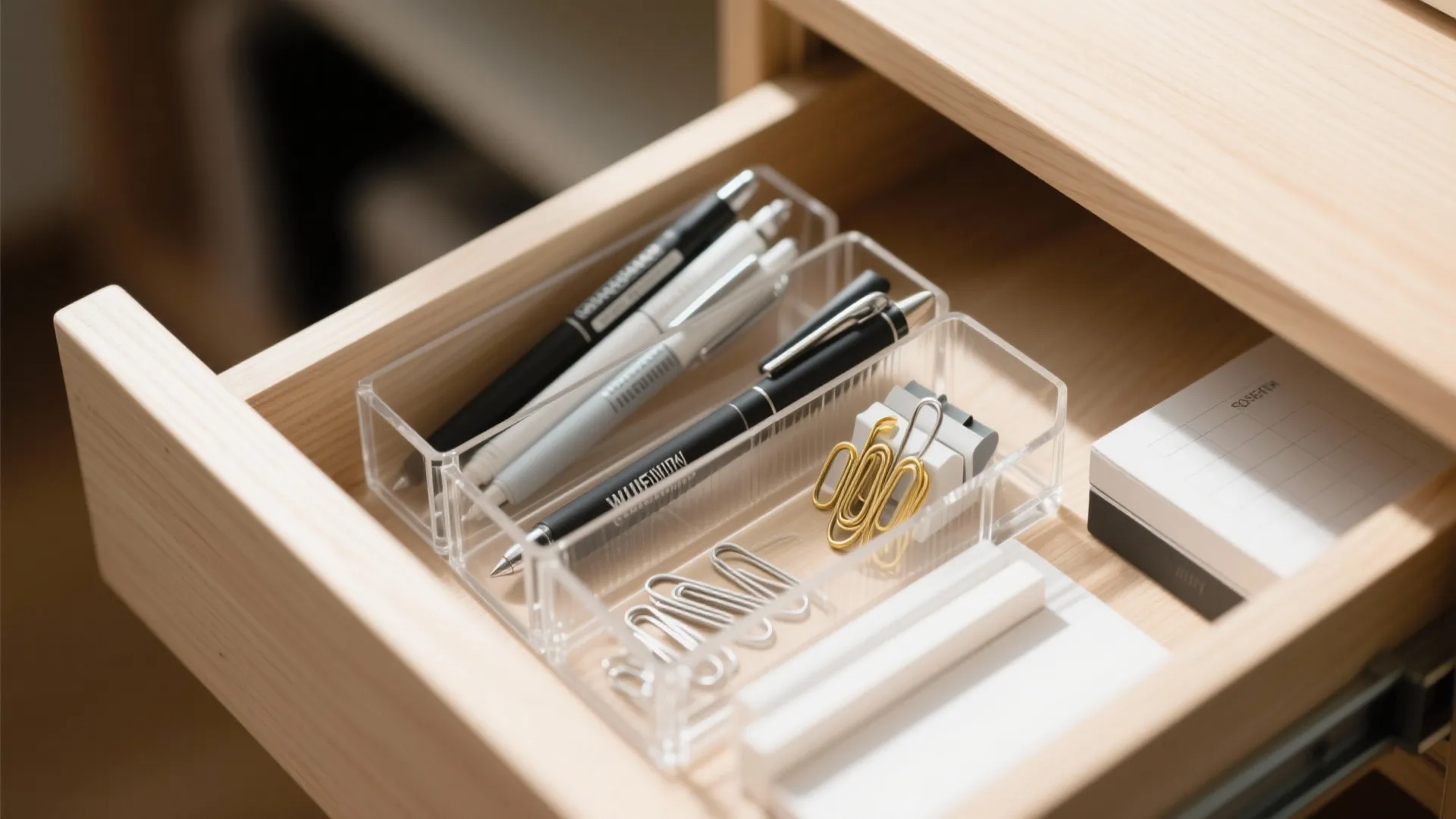 Organised desk drawer with acrylic dividers holding stationery