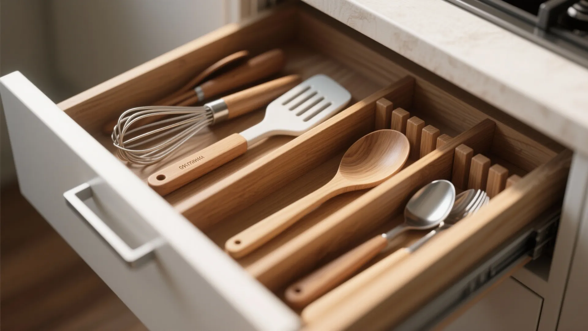 Open kitchen drawer with wooden dividers holding a whisk spatula and several metal and wooden spoons