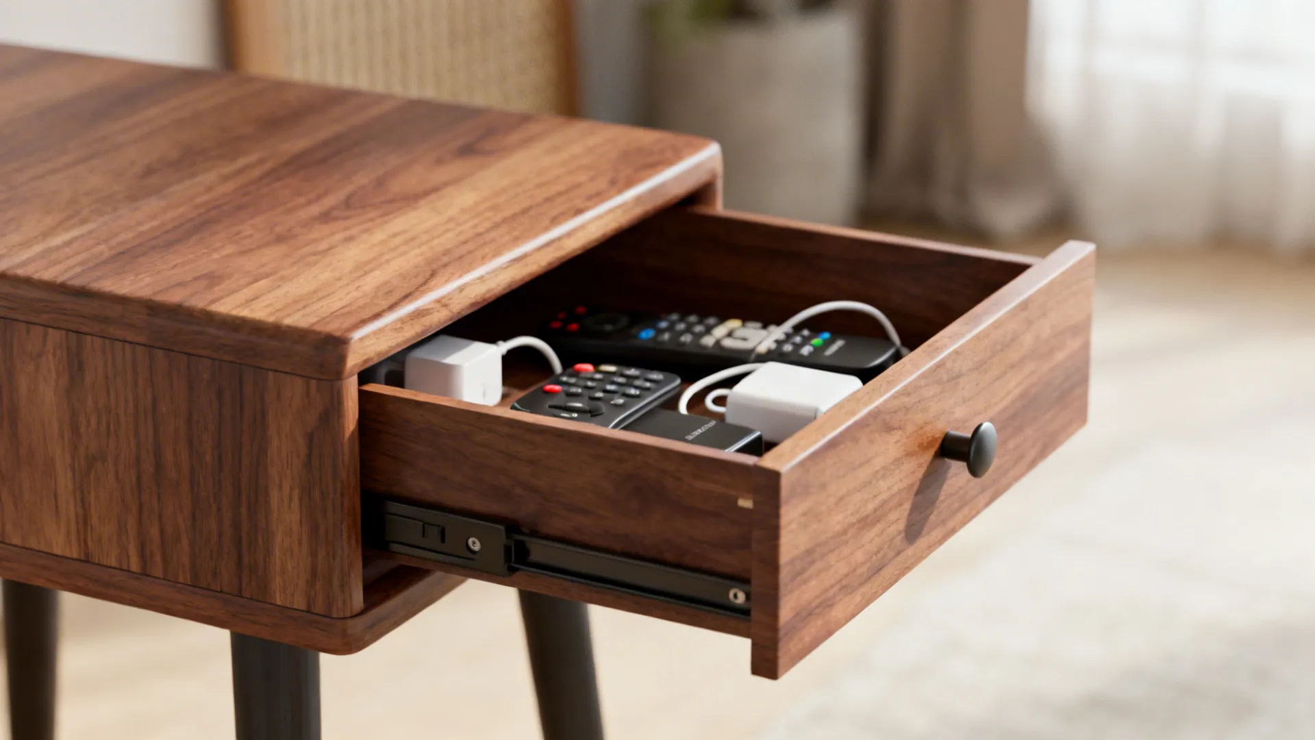Close-up of a slim wooden end table with a deep drawer open showing remotes and chargers.