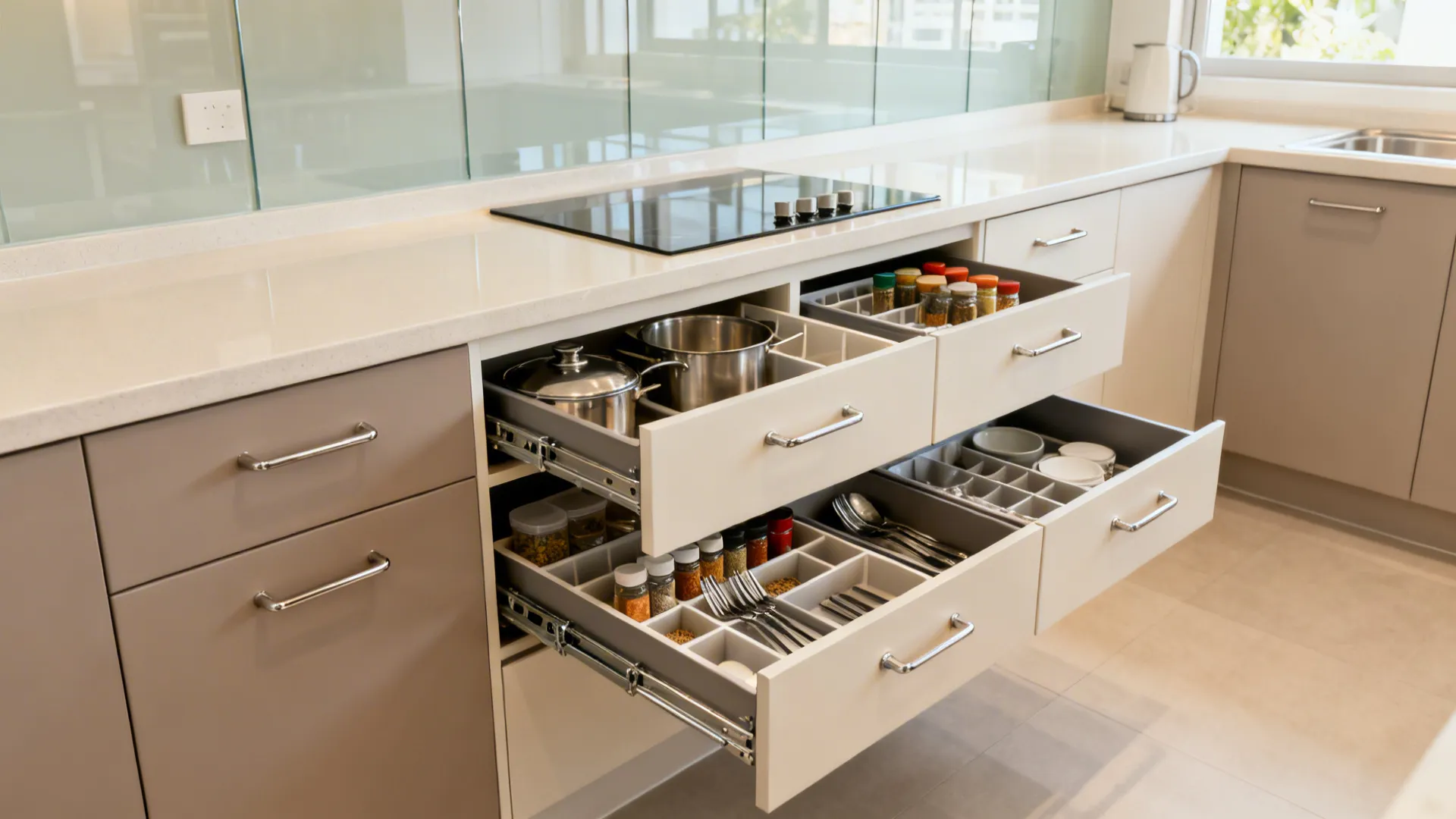 Drawer-heavy base cabinets with organized full-extension drawers in a compact kitchen.