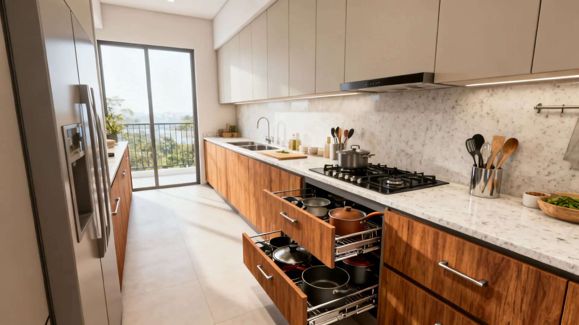 Drawer-first base cabinets with organized deep drawers under the hob in a compact HDB kitchen.