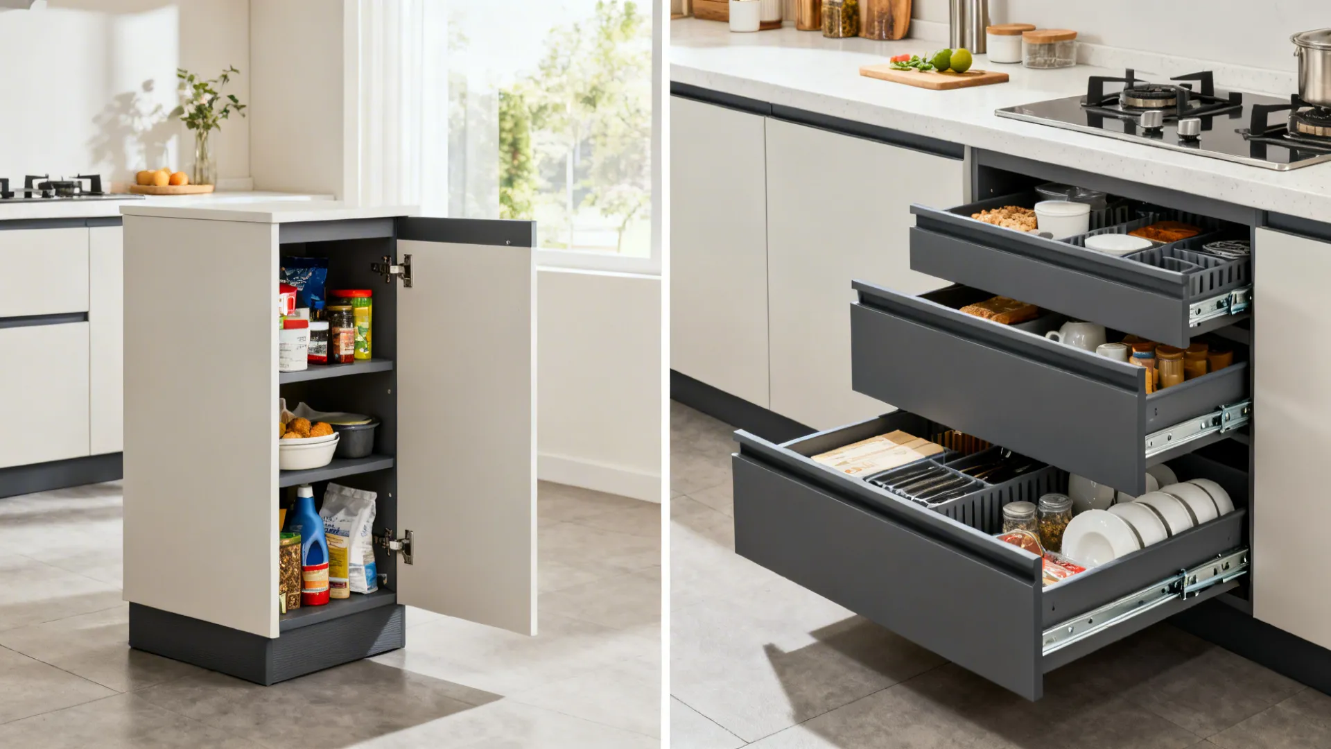 Before-after view comparing door shelves versus deep drawer base cabinets in a small kitchen.