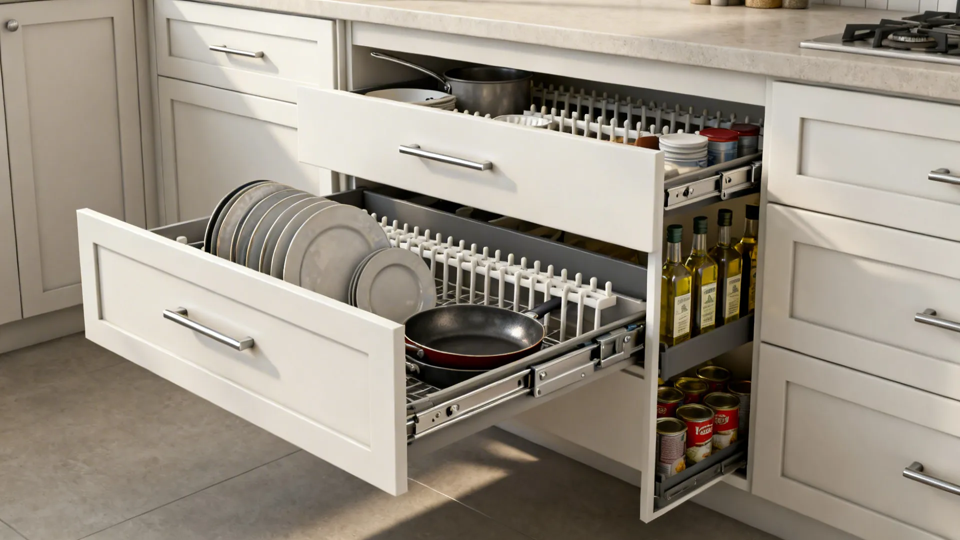 Deep drawers with peg dividers and a slim pull-out pantry in a small apartment kitchen.
