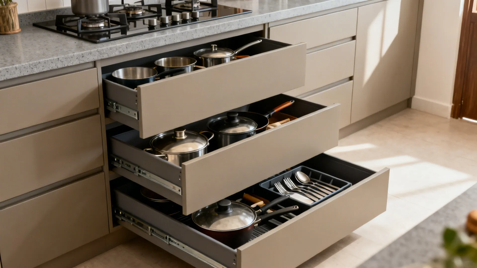 Compact kitchen with aligned 3-tier drawer stacks and organized interiors under quartz counters.