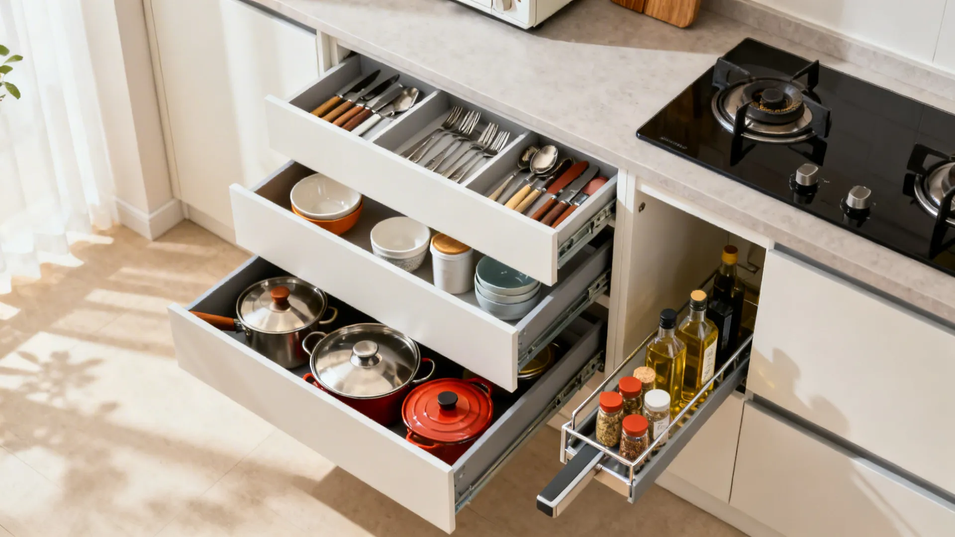 Open drawer stack showing organized shallow, medium, and deep drawers with a slim pull-out by the stove.