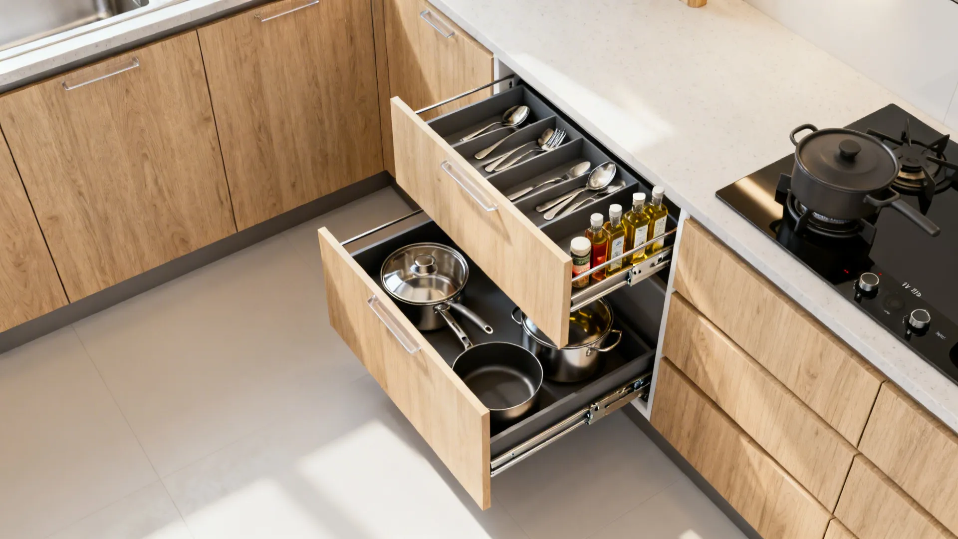 Open wood kitchen drawers showing organized metal spoons forks and large cooking pots inside cabinets