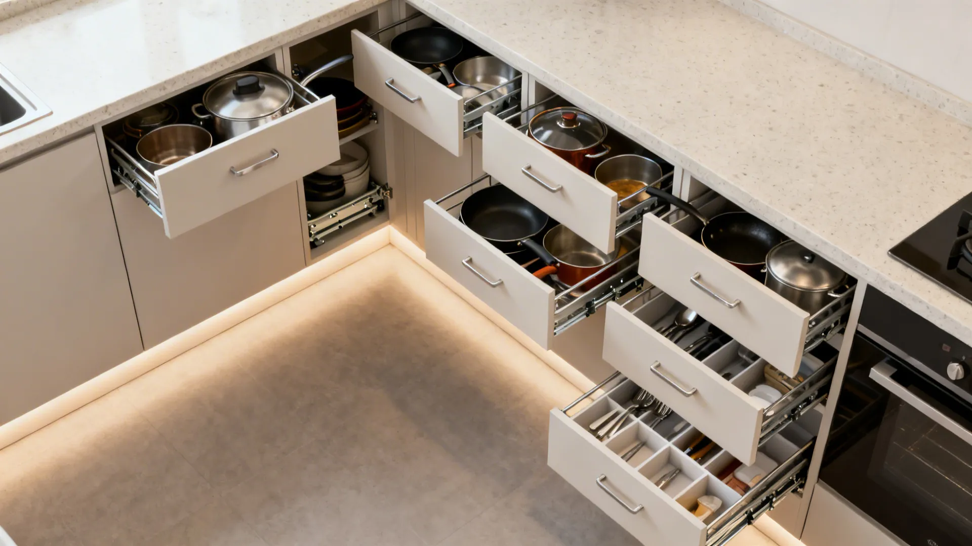 Top-down view of full-extension kitchen drawers organized for pots, pans, and utensils in a compact layout.