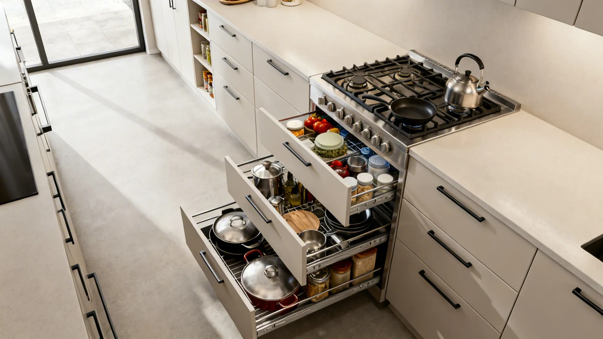 Top-down view of deep drawer bases open and organized in a narrow galley kitchen.