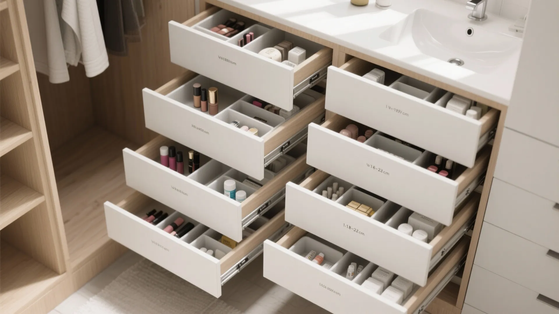 5) Drawer‑First Vanities and Roll‑Outs Inside Closets