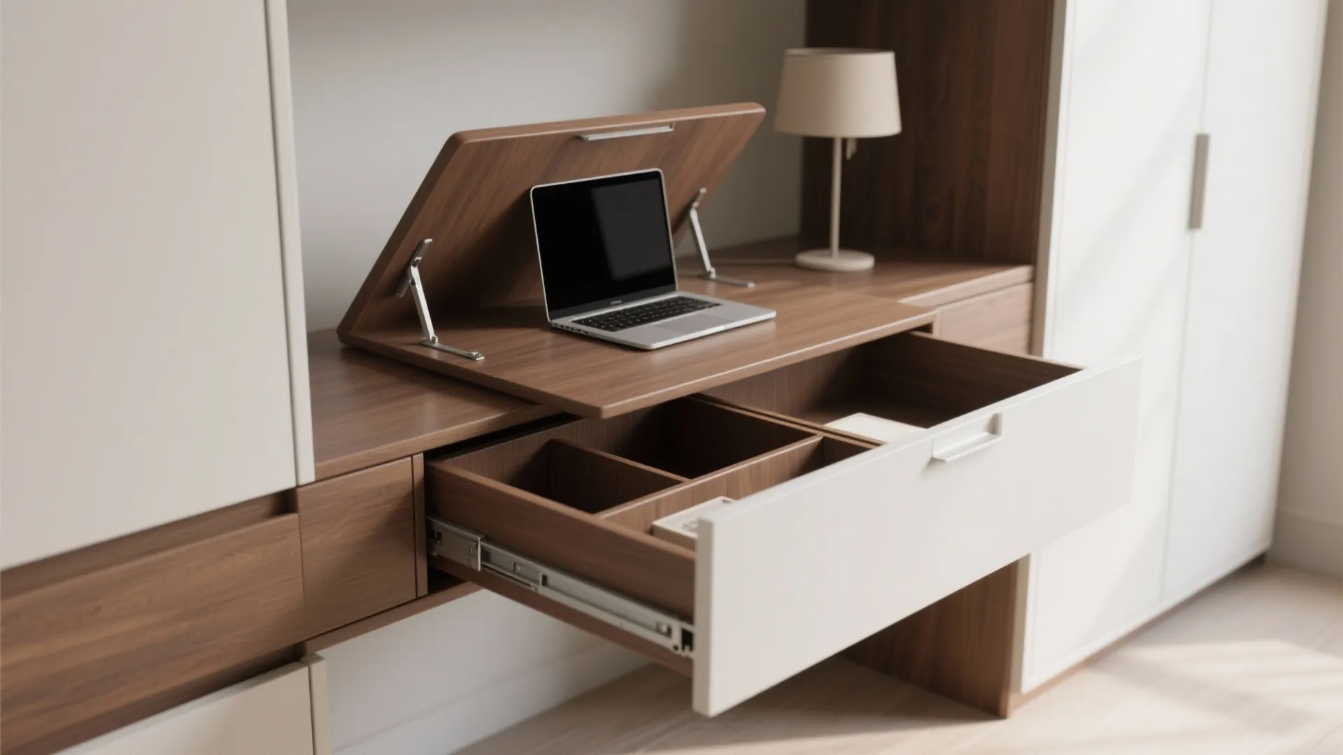 4. Drawer-top flip desk (hidden leaf inside cabinetry)
